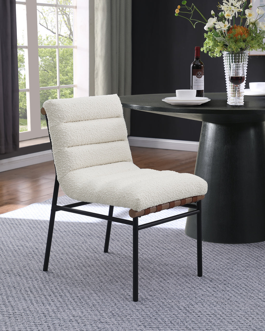 Lahni White Boucle Fabric Set Of 2 Dining Chair With Black Iron Legs White Boucle