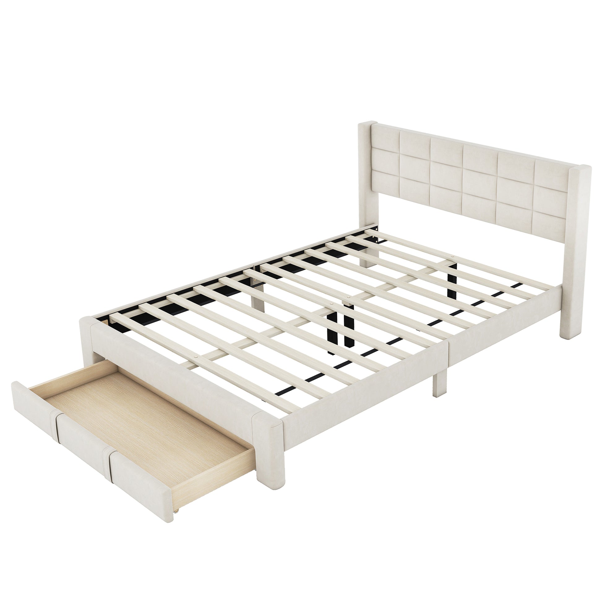 Queen Size Upholstered Platform Bed With A Big Drawer, Beige Box Spring Not Required Queen Beige Wood Bedroom Bed Frame Polyester Upholstered