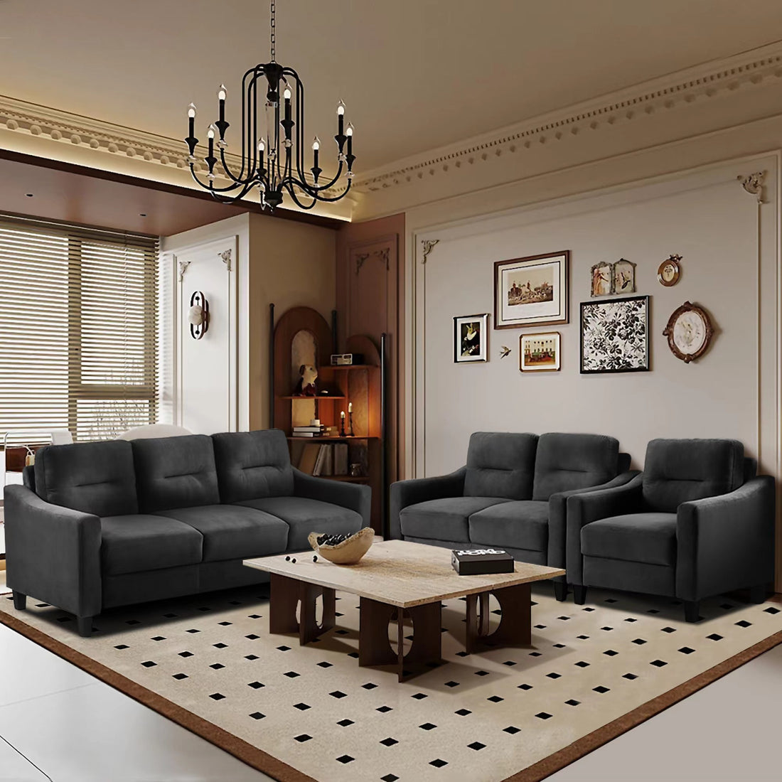 Couch Comfortable Sectional Couches Set 1 2 3 Black Velvet Wood Primary Living Space Soft Tufted Back Medium Duty Art Deco Oak Square Arms Memory Foam Velvet 6 Seat