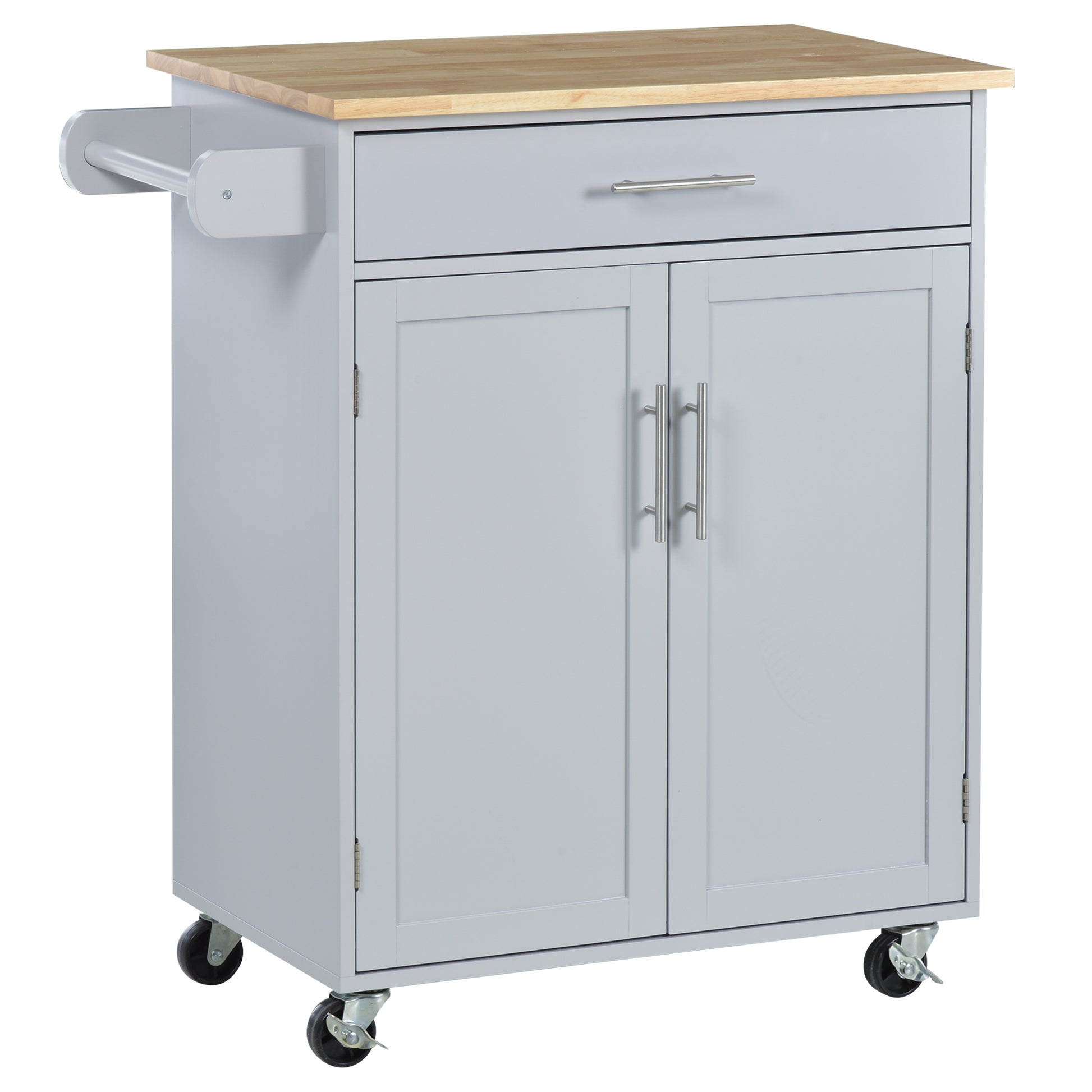 Homcom Kitchen Island Cart Rolling Trolley Cart With Drawer, Storage Cabinet & Towel Rack, Gray Grey Rubber Wood