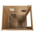 Red Cedar Mini One Person Far Infrared Glass Door On The Right Of The Indoor Sauna Room Natural Wood Caramel Metal & Wood