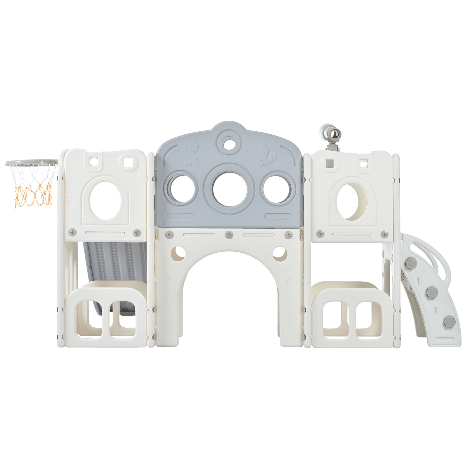 7 In 1 Toddler Slide Set, Freestanding Space Set With Slide, Kids Slide Playset Structure, Arch Tunnel And Basketball Hoop, Toy Storage Organizer For Toddlers, Kids Climbers Playground Grey White 50 99 Lbs Cute 1 To 2 Years Hdpe Indoor & Outdoor Use