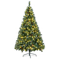 6Ft Dark Green Pine Christmas Tree, Pre Lit Set With Tree & Garland & Wreath, Hinged Artificial Xmas Tree With White Tips, Red Berries And Pine Cones, 11 Colorful Modes, Indoor Holiday Decoration Green Pvc