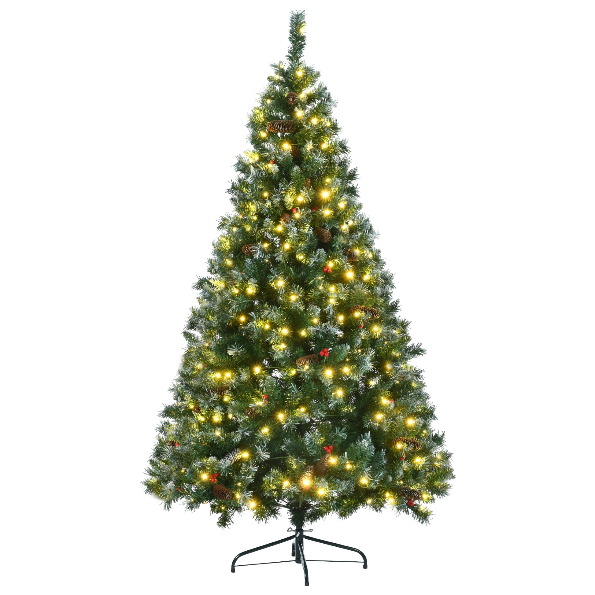 6Ft Dark Green Pine Christmas Tree, Pre Lit Set With Tree & Garland & Wreath, Hinged Artificial Xmas Tree With White Tips, Red Berries And Pine Cones, 11 Colorful Modes, Indoor Holiday Decoration Green Pvc