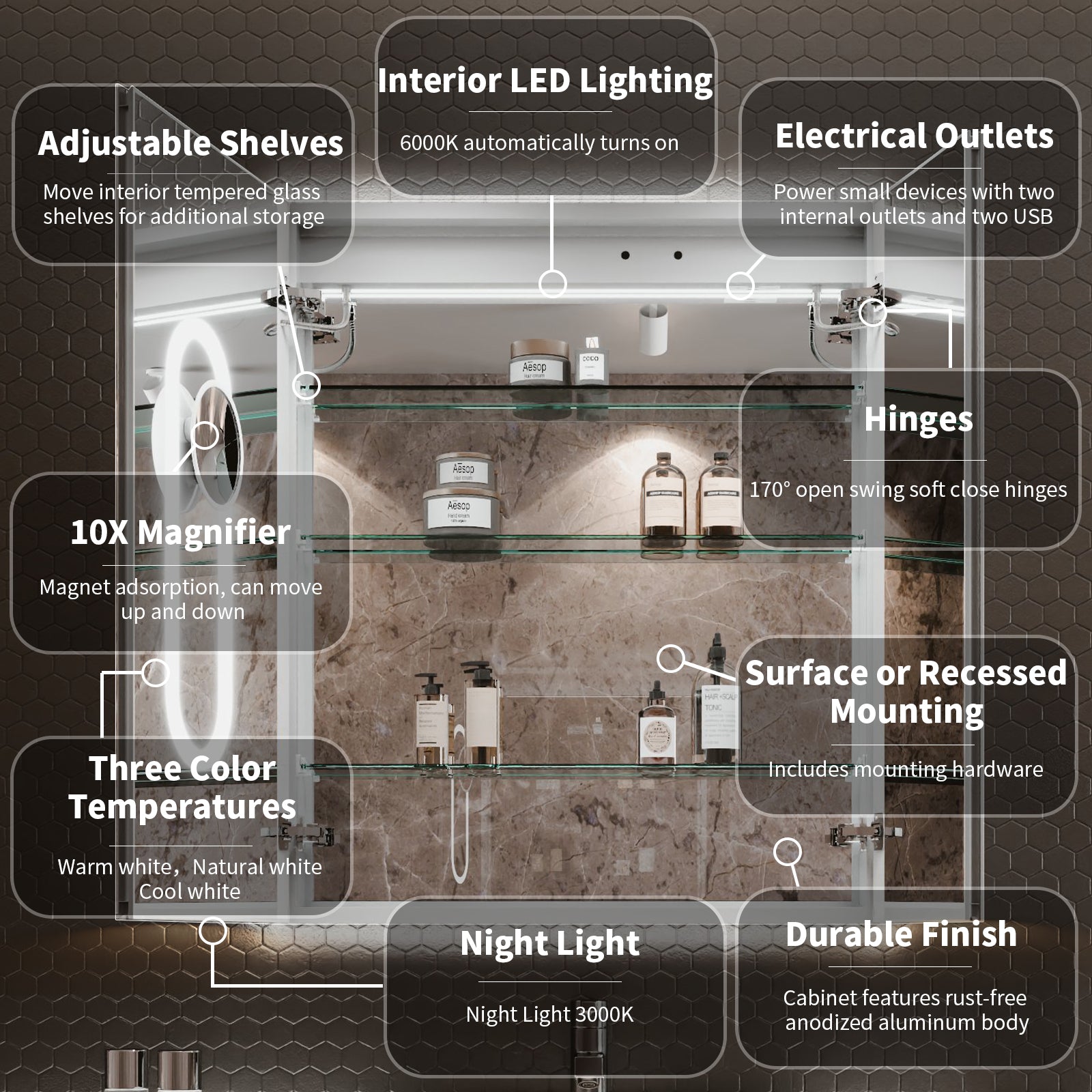 Smart Led Medicine Cabinet With Built In High Power Outlet30*36Inchstepless Dimming & Anti Fogintegrated Designmultifunctional Bathroom Storage Silver Aluminium