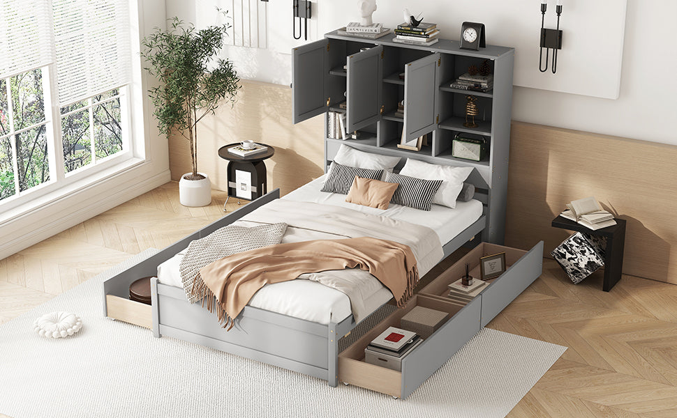 Full Size Platform Bed With Storage Headboard And 4 Drawers, Gray Box Spring Not Required Full Gray Wood Bedroom Bed Frame Solid Wood Mdf
