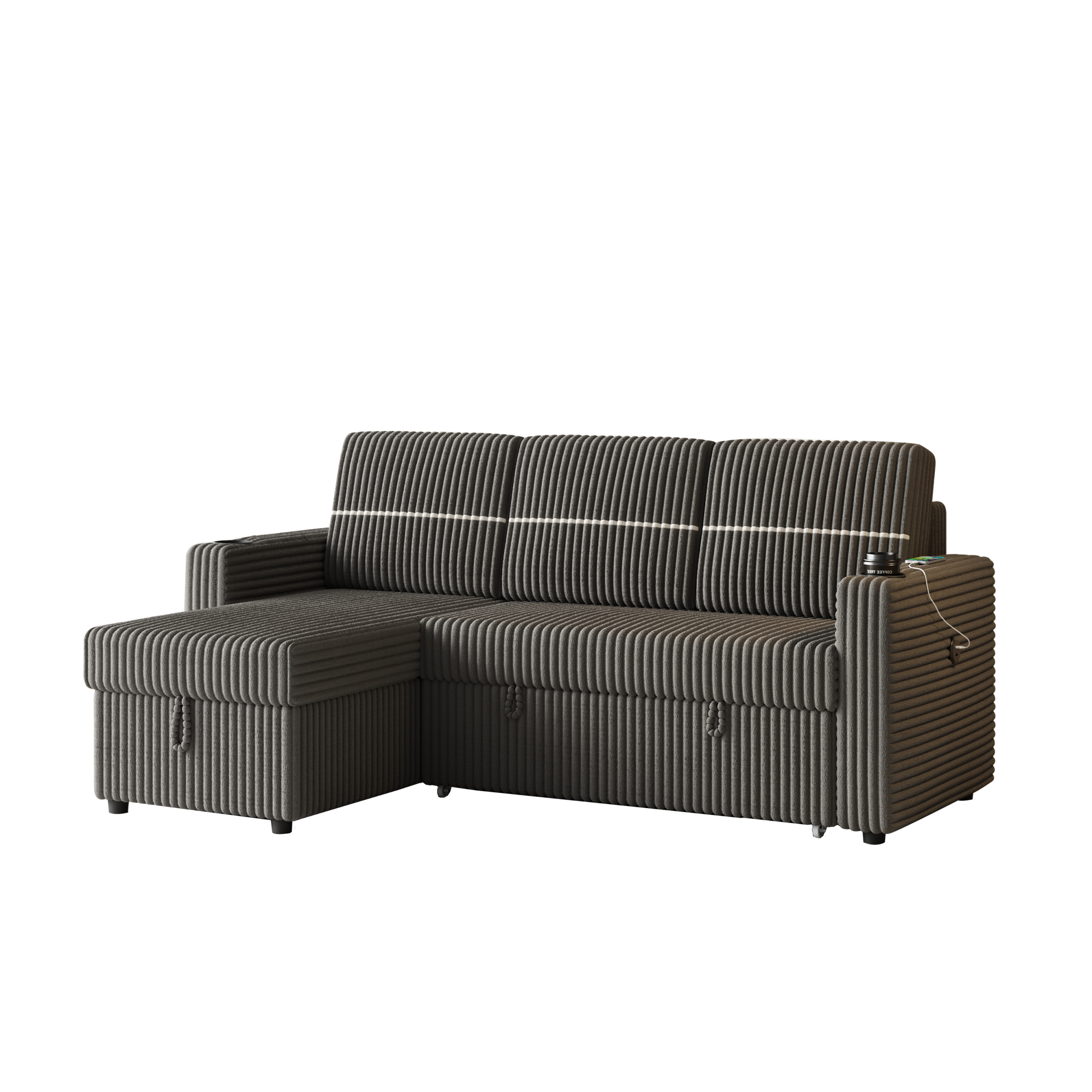 85 Inches Corduroy Sofa Bed, 3 Seater Sleeper Sofa With Storage Chaise, Square Handrail With Two Cup Holder And Usb Charge Port, Pull Out Couch For Living Room Dark Grey Corduroy 3 Seat
