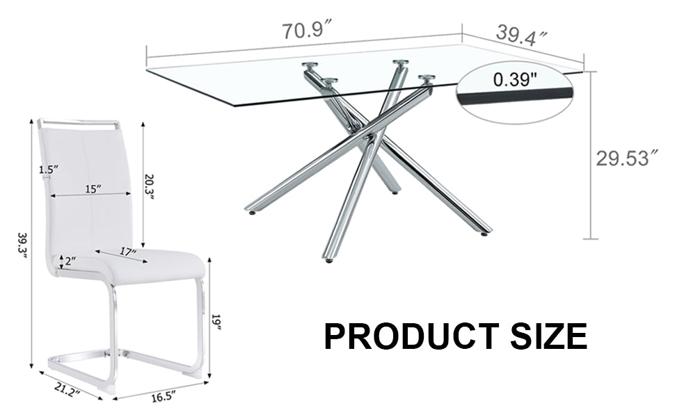 Table And Chair Set.Modern Luxurious Transparent Tempered Glass Dining Table Set.Paried With 8 Chairs With Pu Cushion And Silver C Tube Metal Legs. Transparent,White Seats 8 Glass Metal