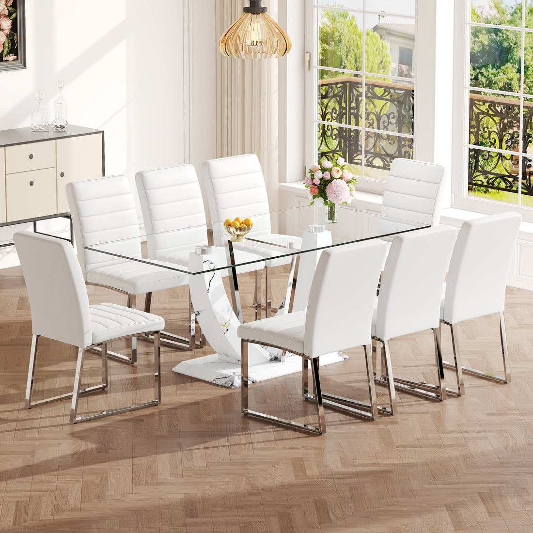 Table And Chair Set, Large Modern Rectangular Glass Table, Can Accommodate 6 8 People, Equipped With A 0.39 Inch Tempered Glass Tabletop And Mdf Table Legs.Paired With Comfortable And Soft Chairs.