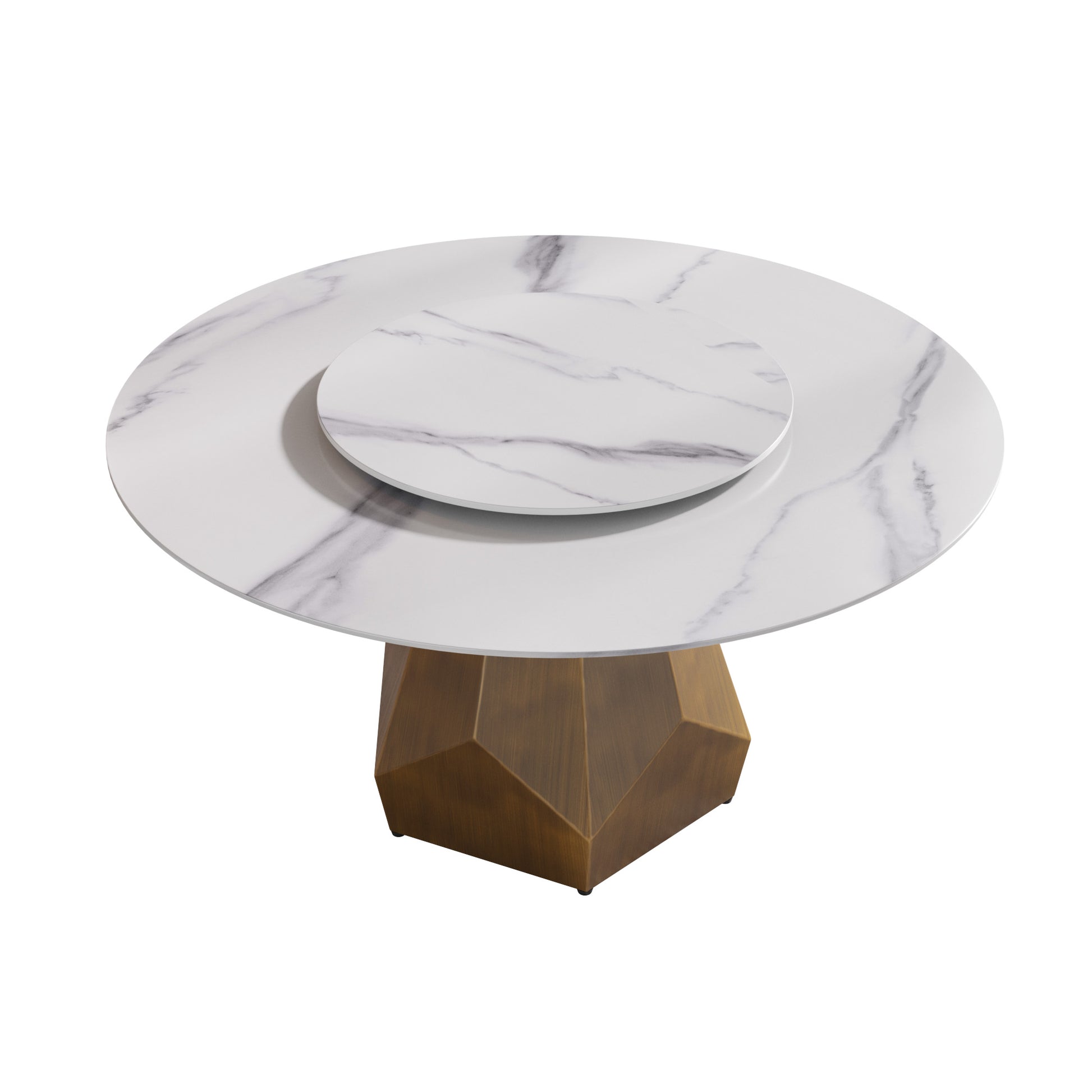 59.05" Round Marble Dining Table With Metal Base, Artificial Marble For 6 8 People, 31.5"White Artificial Stone Turntable,White Dining Table Only Antique Brass,White Metal Marble