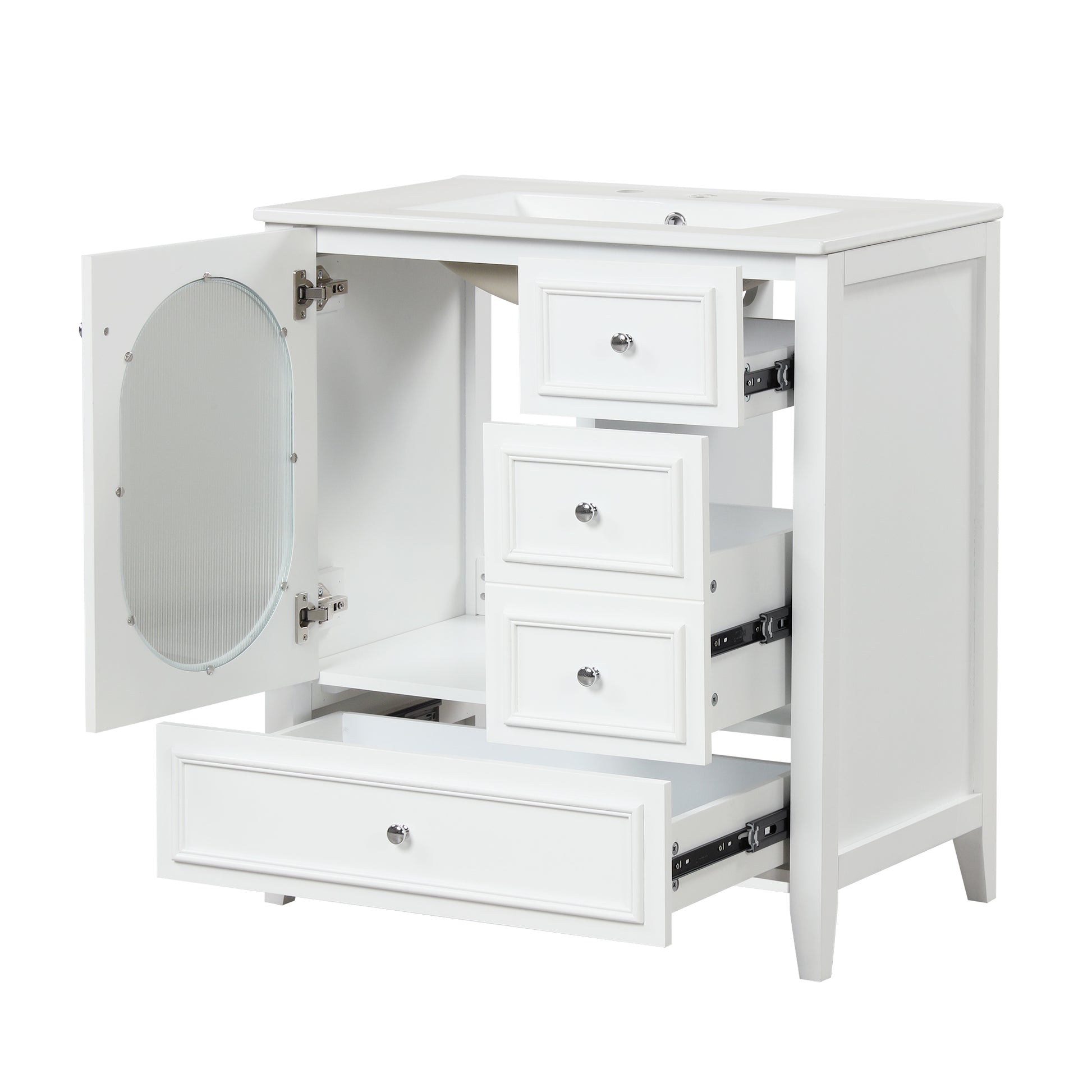 30" Bathroom Vanity With Sink, Bathroom Vanity Cabinet With Three Drawers And Door, Solid Wood And Mdf, White White Solid Wood Mdf