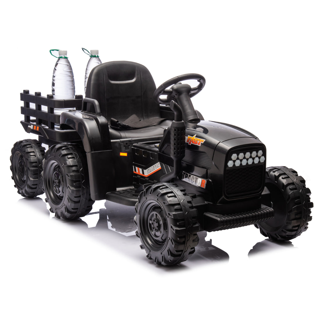 Ride On Tractor With Trailer,24V Battery Powered Electric Tractor Toy, 200W*2Motor 1.86 4.97Mph Remote Control,Electric Car For Kids,Three Speed Adjustable,Usb,Mp3 ,Bluetooth,Led Light, Safety Belt Black Polypropylene