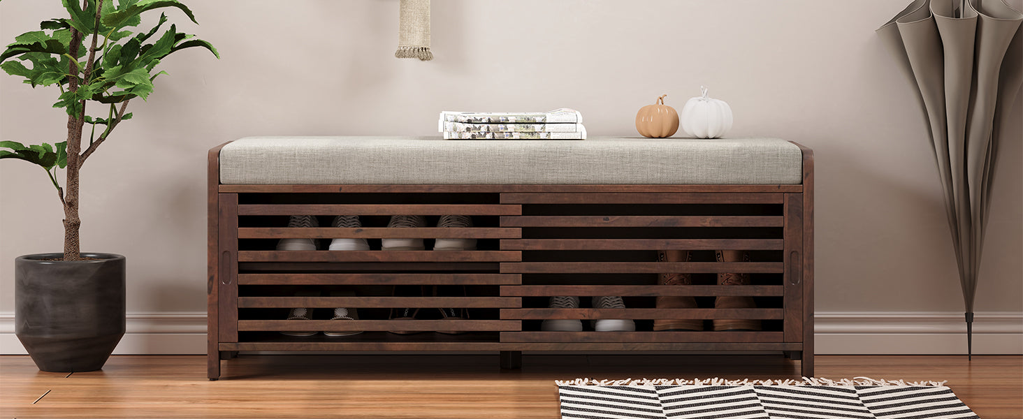 Distressed Shutter Storage Bench With Acacia Veneer For Retro Charm For Living Room, Entryway Espresso Espresso Mdf