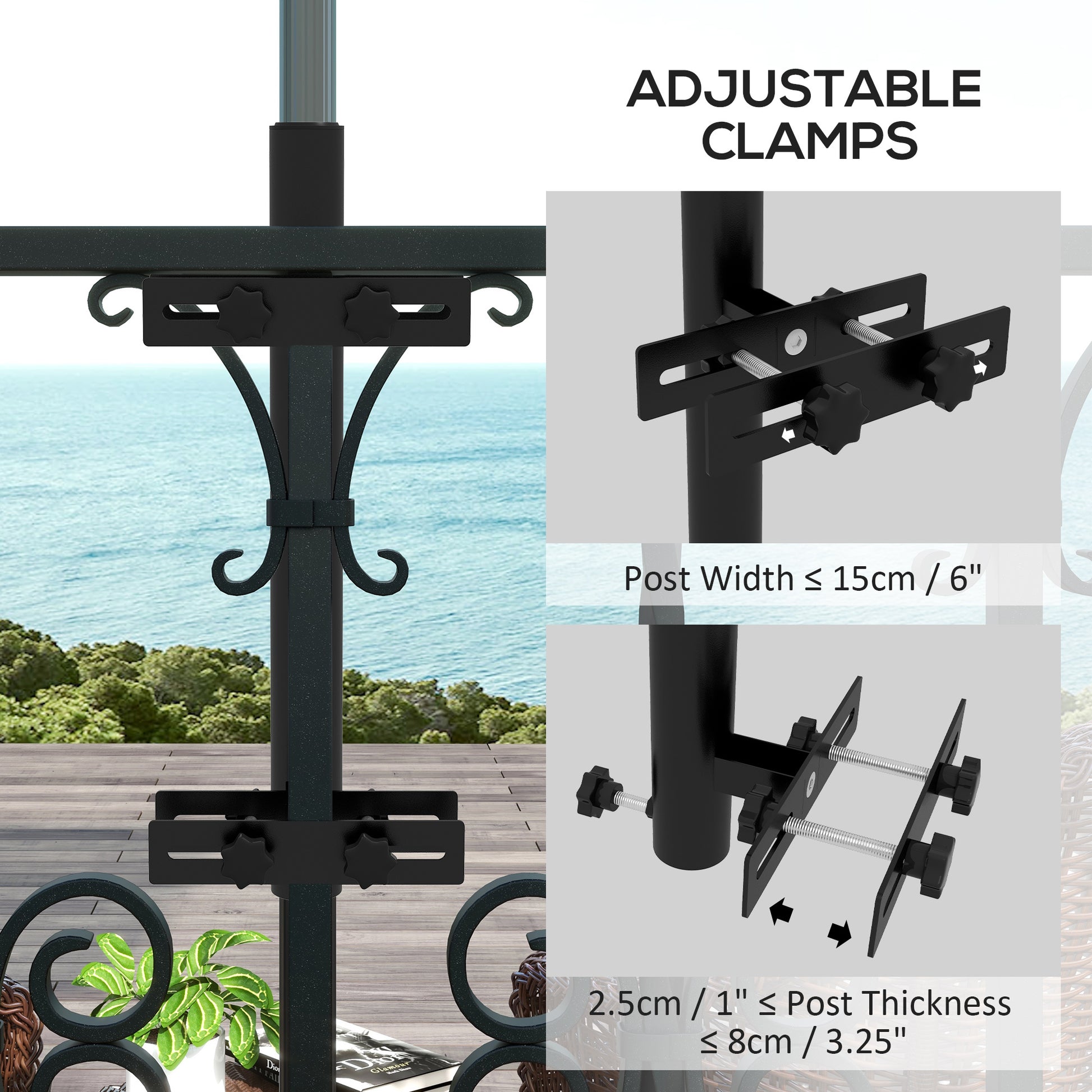 Outsunny Patio Umbrella Holder With Adjustable Clamps, Umbrella Deck Mount Bracket For Railing, Balcony, Fences, Patio Umbrella Stand For Market Umbrella And Offset Umbrella, Black Black Steel