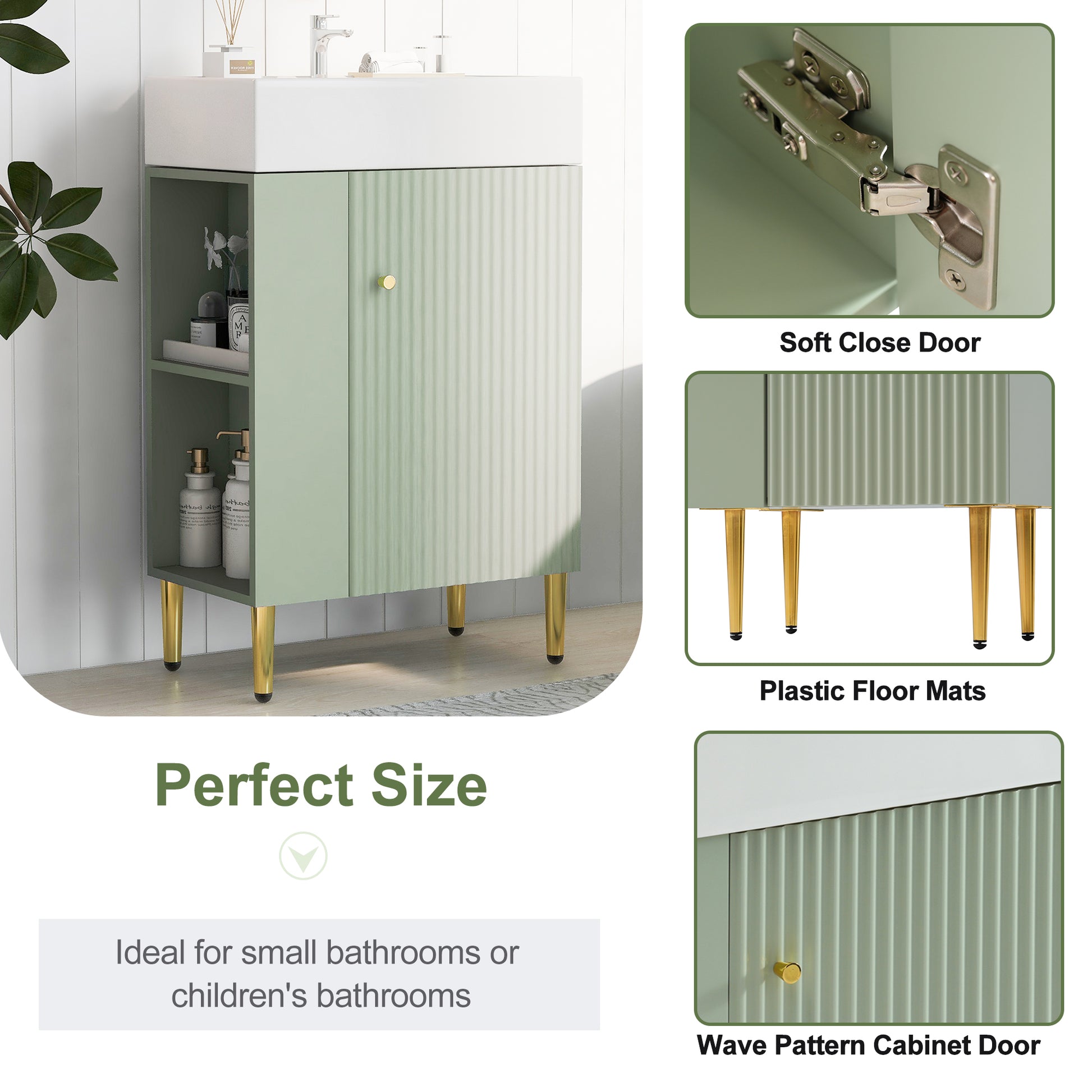 21.6" Green Bathroom Vanity, Combo Cabinet, Bathroom Storage Cabinet, Single Ceramic Sink, Left Side Storage Green Bathroom Ceramic Mdf
