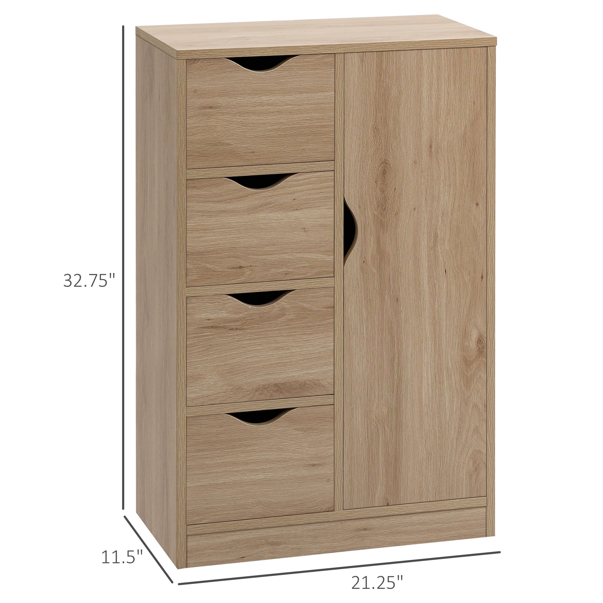 Homcom Freestanding Storage Cabinet, Bathroom Floor Cabinet With 4 Drawers And Door, Oak Oak Engineered Wood