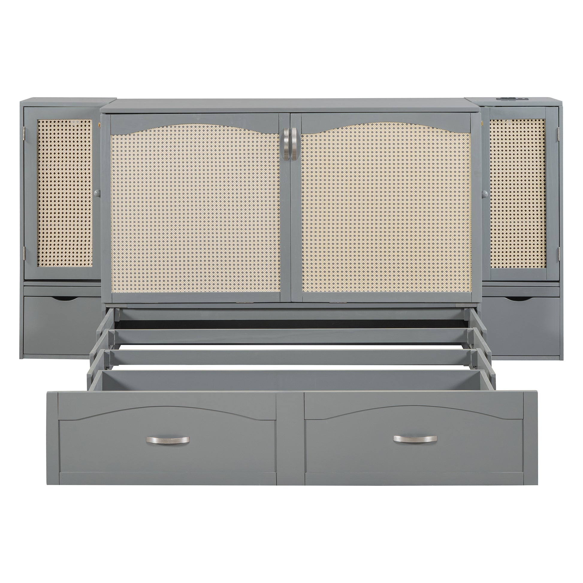 Full Size Murphy Bed Wall Bed With Drawer And Rattan Decoration With 2 Storage Cabinets, One Set Of Sockets & Usb Ports, Pulley Structure Design, Gray Full Gray Plywood