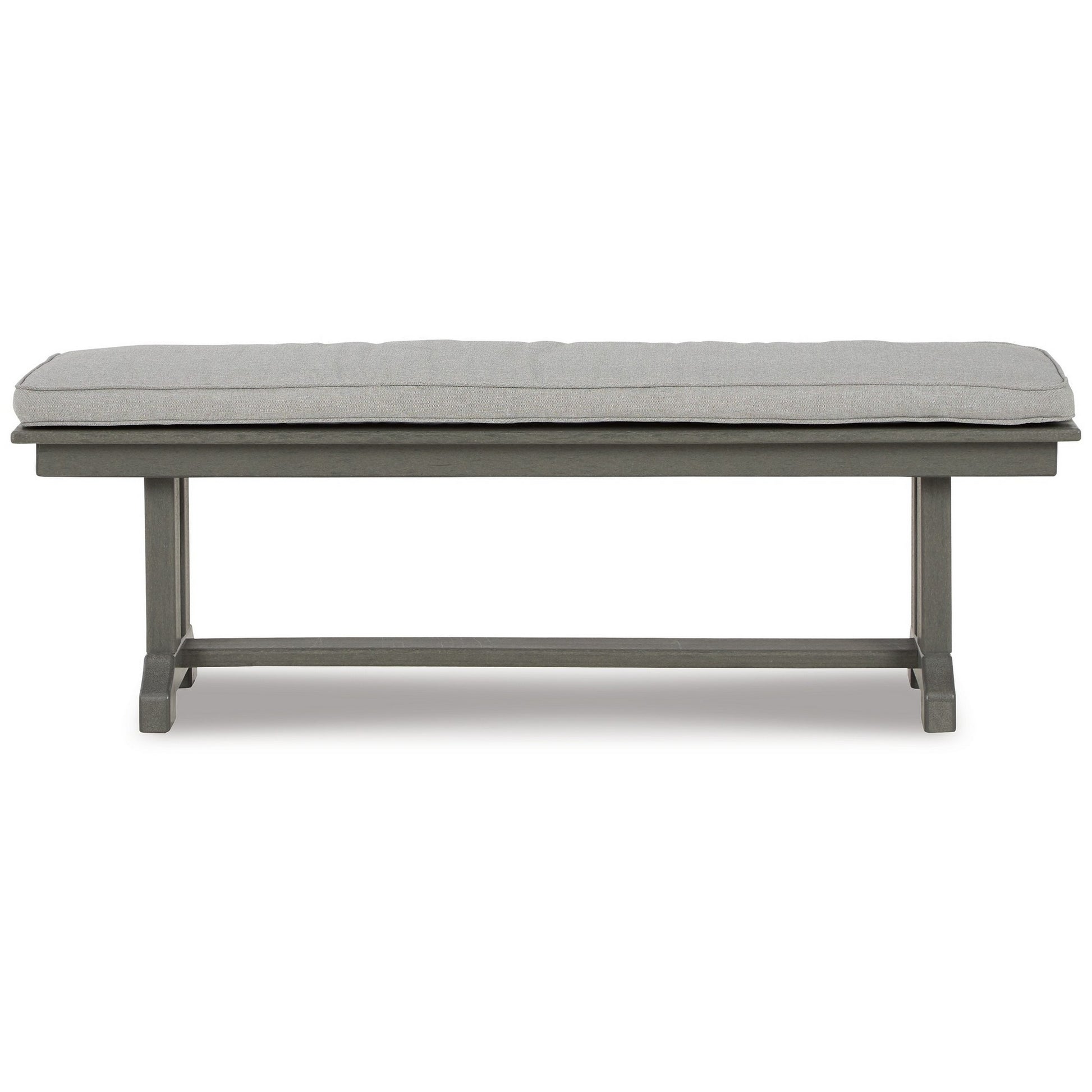 Vrai 54 Inch Outdoor Bench, Gray Wood Frame, Trestle Base, Cushioned Seat Gray Hdpe