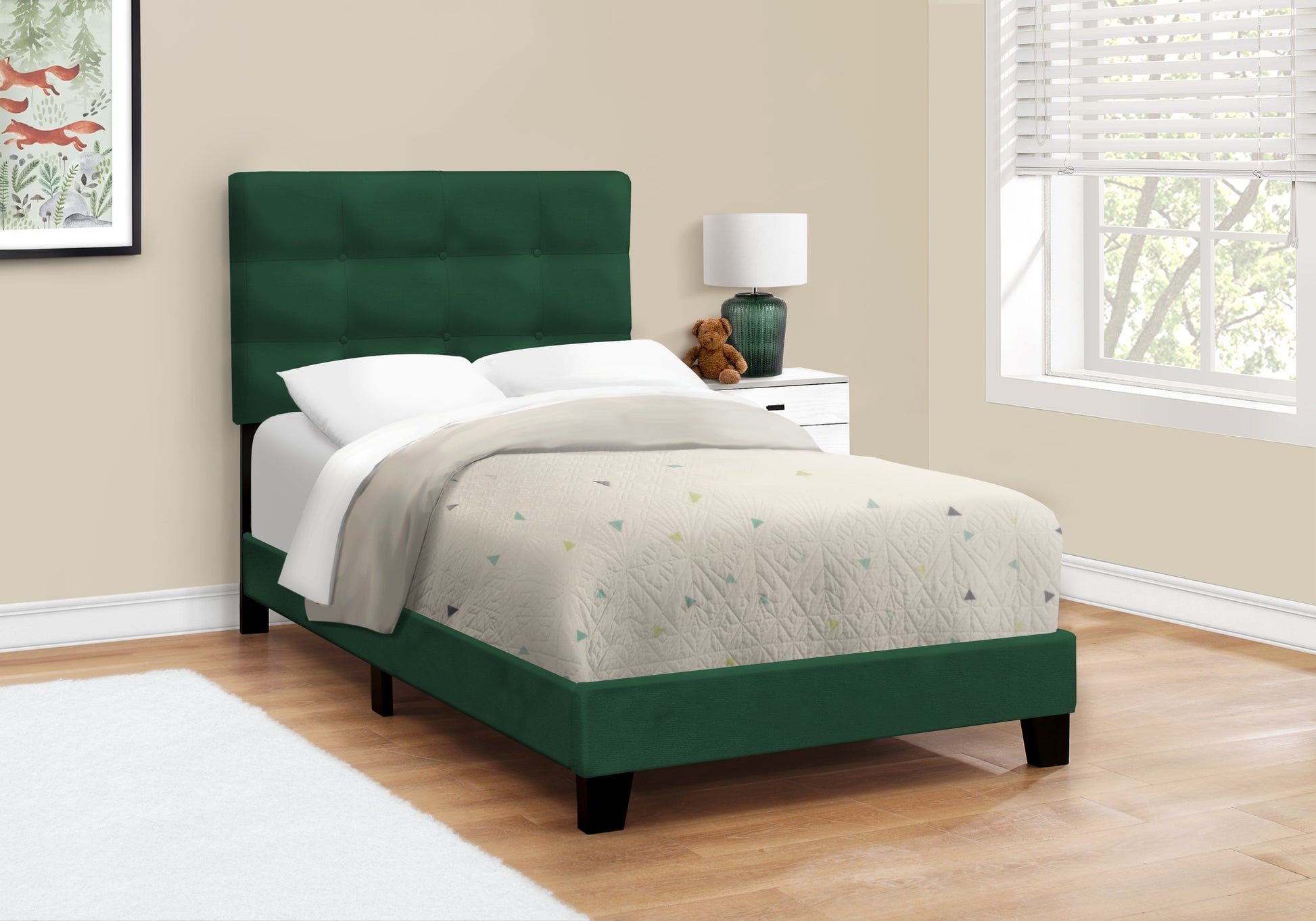 Bed, Twin Size, Upholstered, Bedroom, Frame Only, Youth, Teen, Juvenile, Green Velvet, Transitional Green Foam Velvet