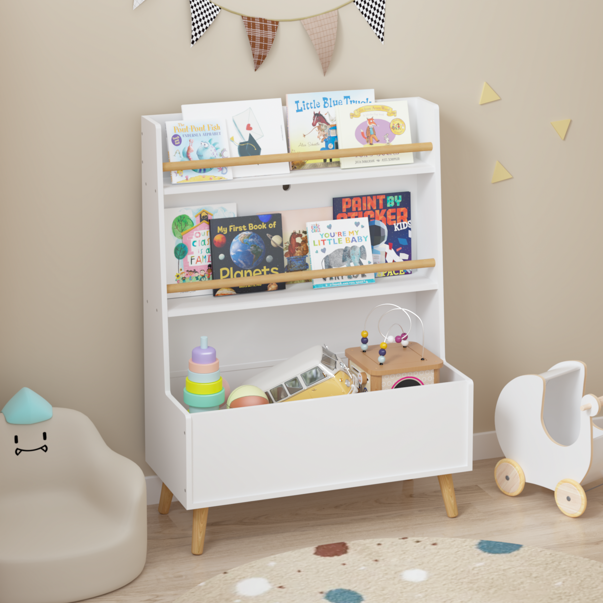 Kids Bookshelf, Book And Magazine Rack, Book Organizer, Toy Storage Cabinet Organizer, White White Mdf