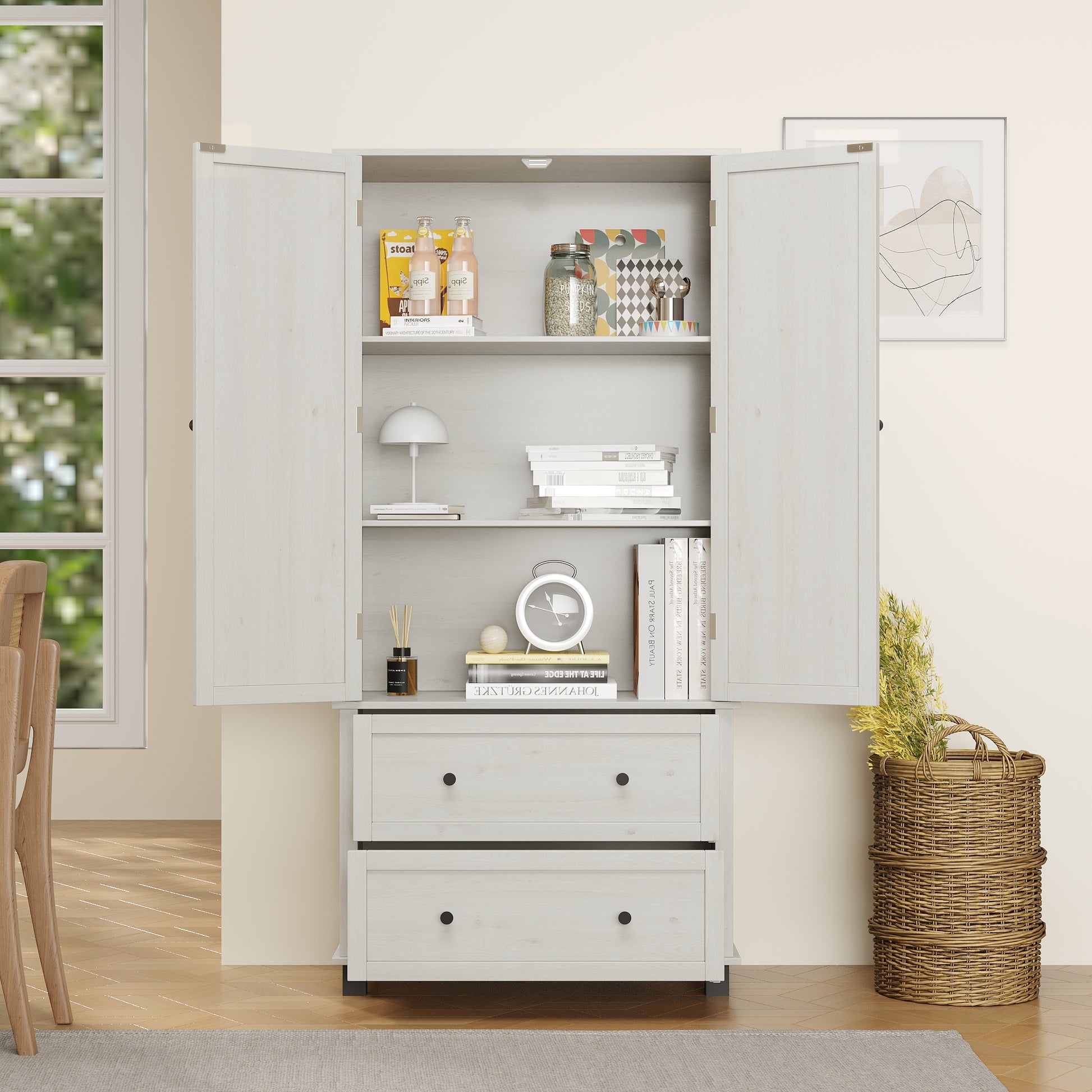 70" Tall Kitchen Pantry Storage Cabinet With 2 Drawers And 3 Shelves, Minimalist Wood Large Storage Cabinet For Kitchen, Dining Room, Living Room, Bathroom Antique White Antique White White Kitchen Minimalist Particle Board