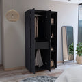 Misuri Wardrobe Armoire With Double Door, Drawer, Hanging Rodss, And Open Shelves Black Black Bedroom Particle Board