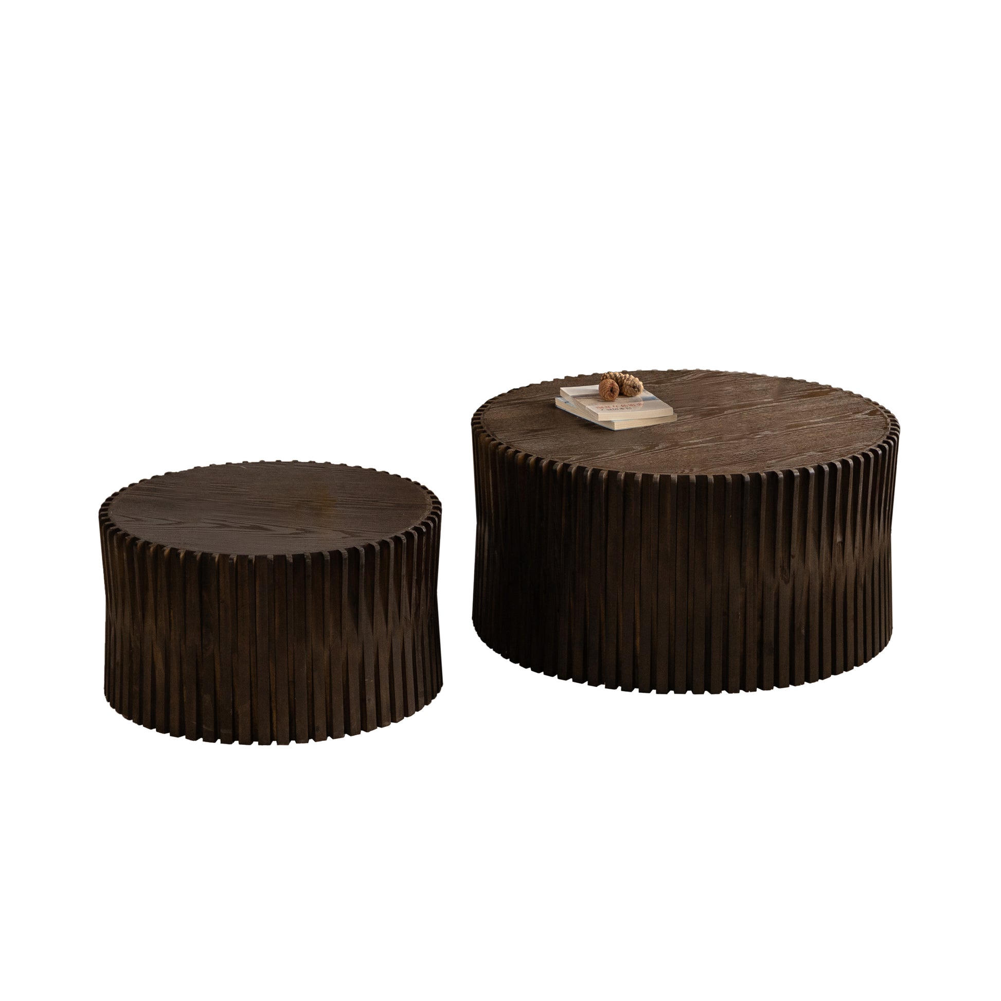 Vintage Fashion Style Cylindrical Nesting Coffee Table Set With Vertical Textured Embossed Design For Living Room, Office And Dining Room, Dark Brown Set Of 2 Dark Brown Mdf