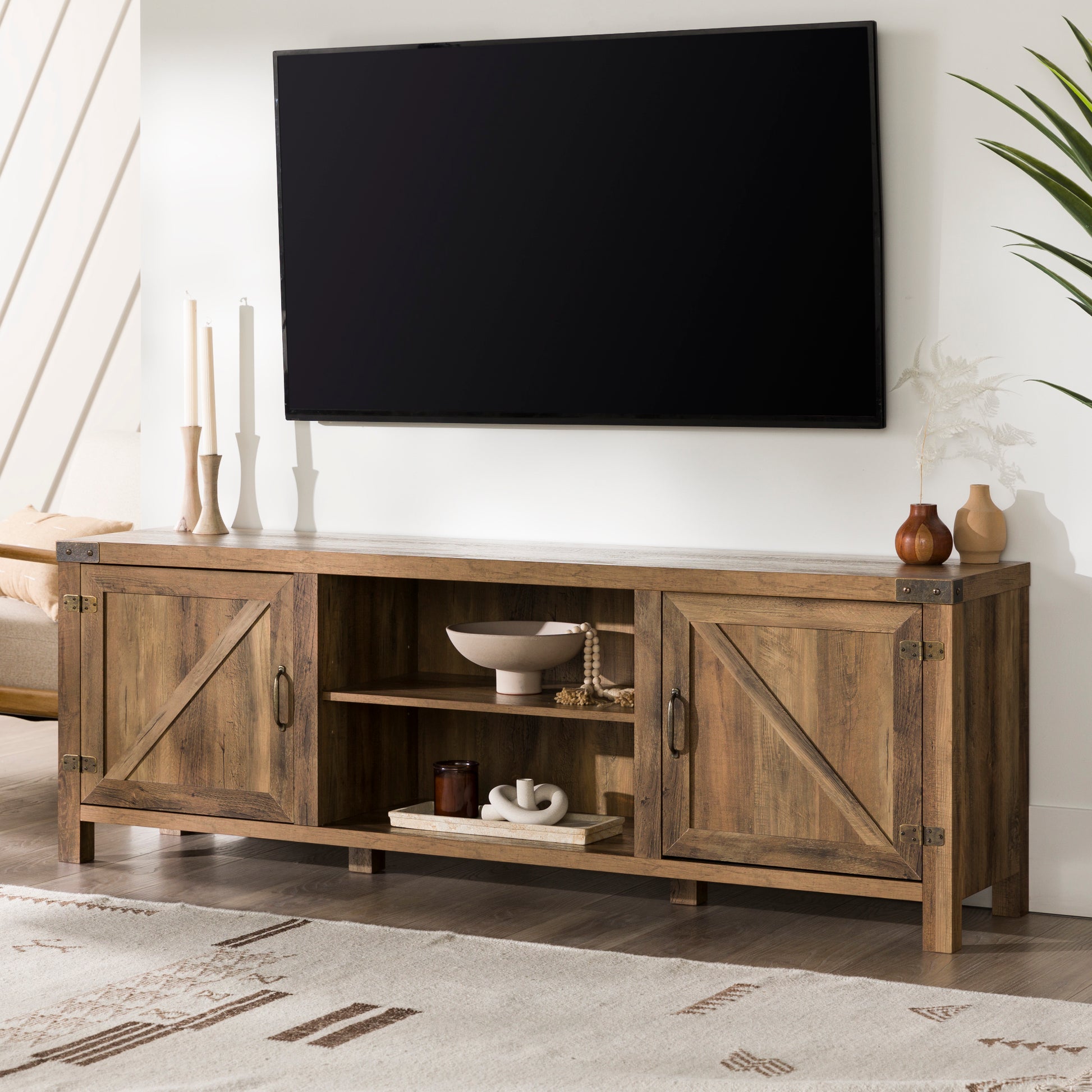 Rustic Farmhouse Double Barn Door 70" Tv Stand For 80" Tvs With Center Shelves Rustic Oak Oak Mdf