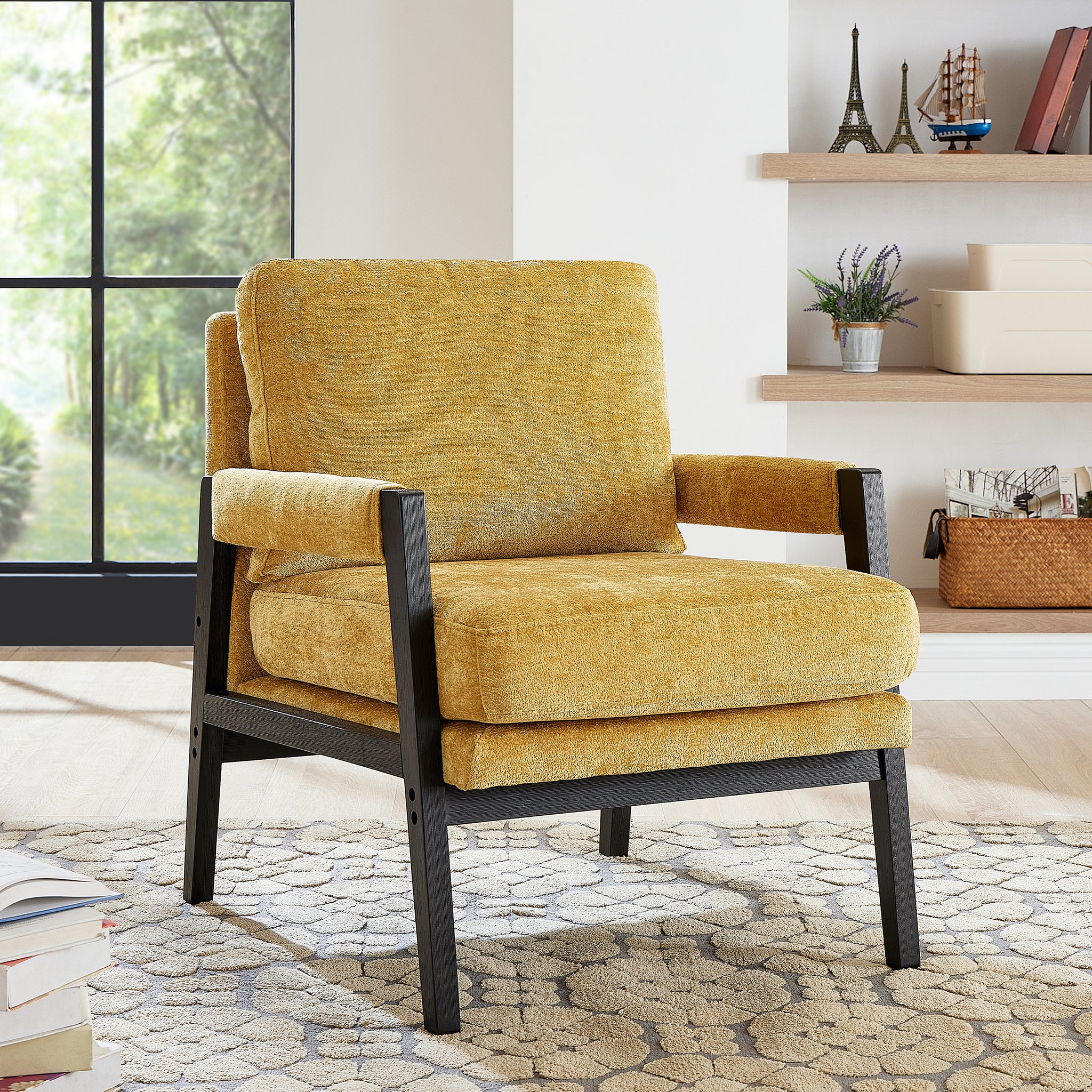 Kelly Mid Century Modern Chenille Upholstered Accent Armchair Yellow Espresso Primary Living Space Mid Century Modern Rubberwood Chenille Chenille,Rubber Wood