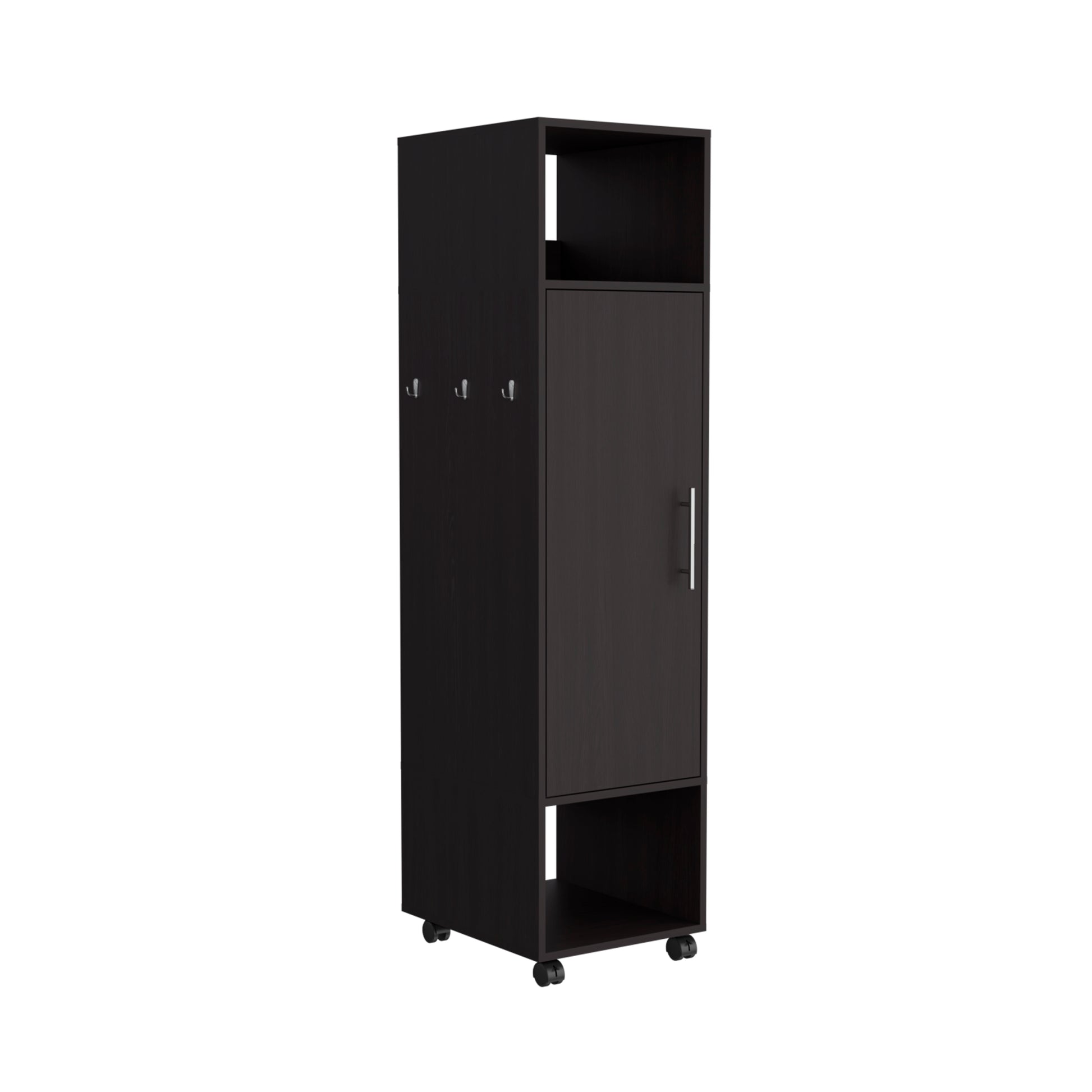 Cluster 63" Tall Wardrove One Door Cabinet With Mirror, Three Shelves, Casters And Hanging Rod, Armoire, Bedroom Clothes Storage, Cabinet Organizer Black Particle Board