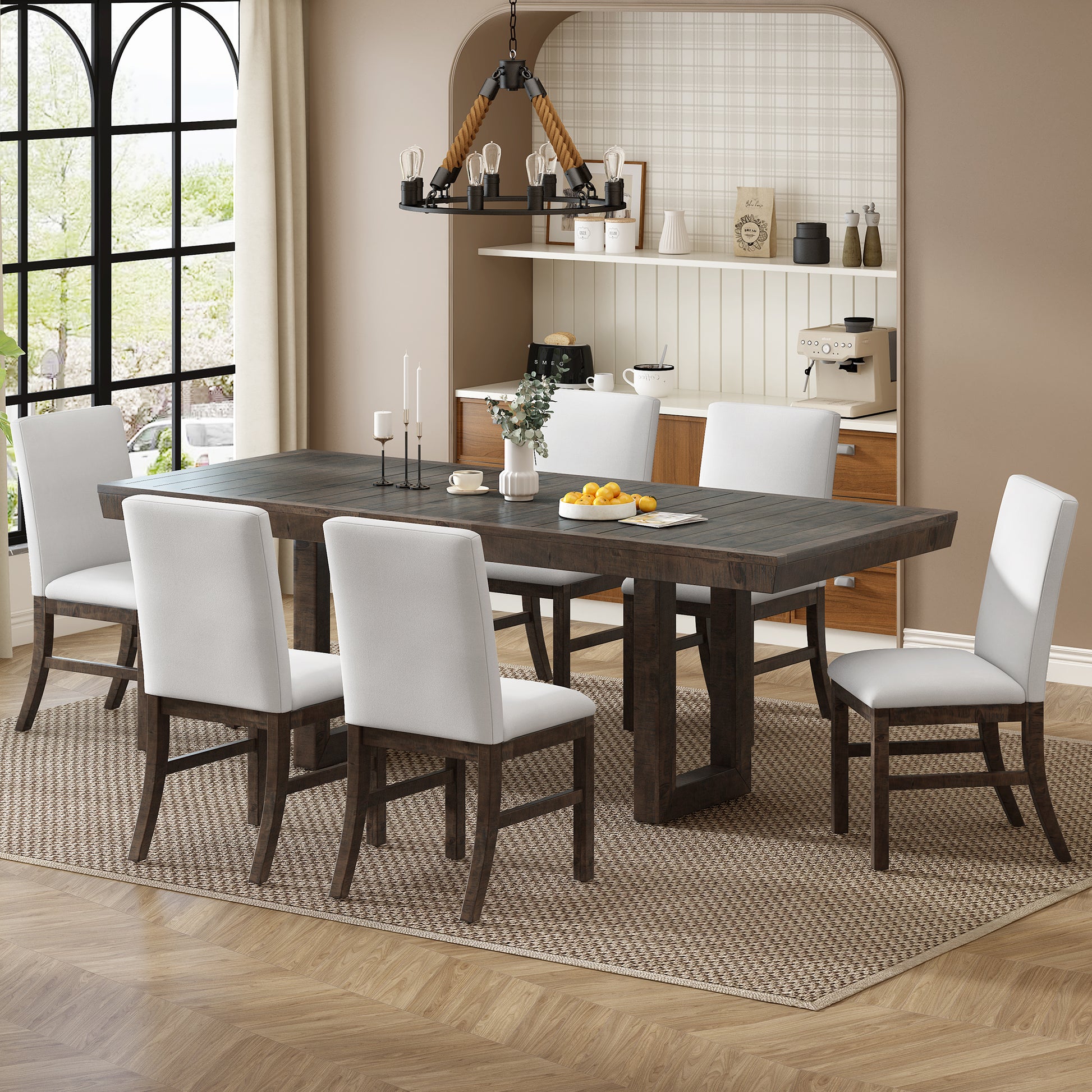 Traditional 7 Piece 72" Extendable Dining Table Set With 12Inch Butterfly Leaf And 6 Upholstered Dining Table Set, Brown Wood Dining Room Distressed Finish Rubberwood Rectangular Dining Table With Chair Wood Wood Brown Seats 6 72 Inches Butterfly Leaf