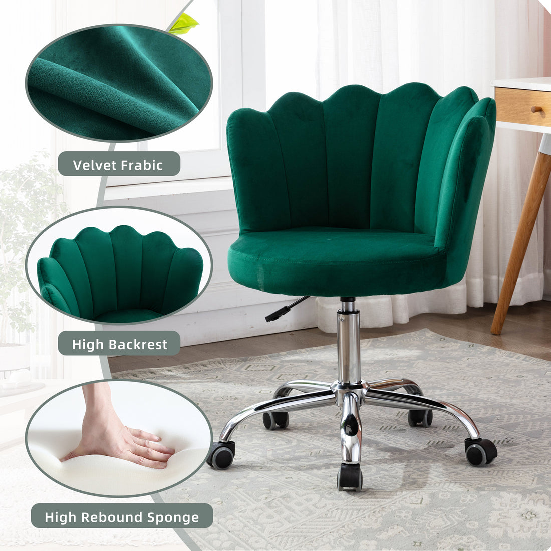 Coolmore Velvet Home Office Chair With Silver Base, Modern Cute Shell Back Upholstered Desk Chair For Vanity, Adjustable Swivel Task Chair For Office Green Velvet Green Foam Metal