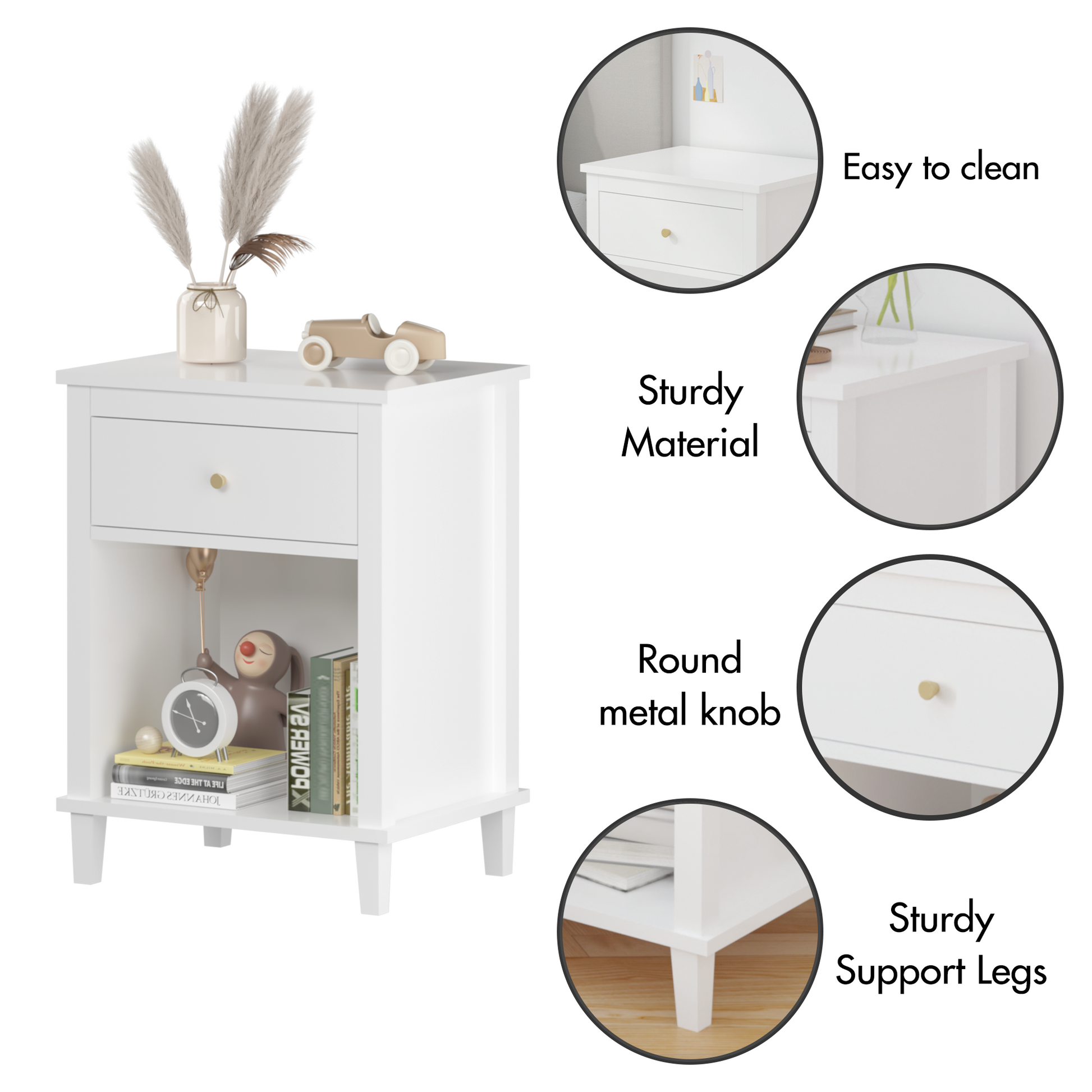 26.77''H Wooden Nightstand With One Drawer One Shelf For Kids, Adults, White White Mdf