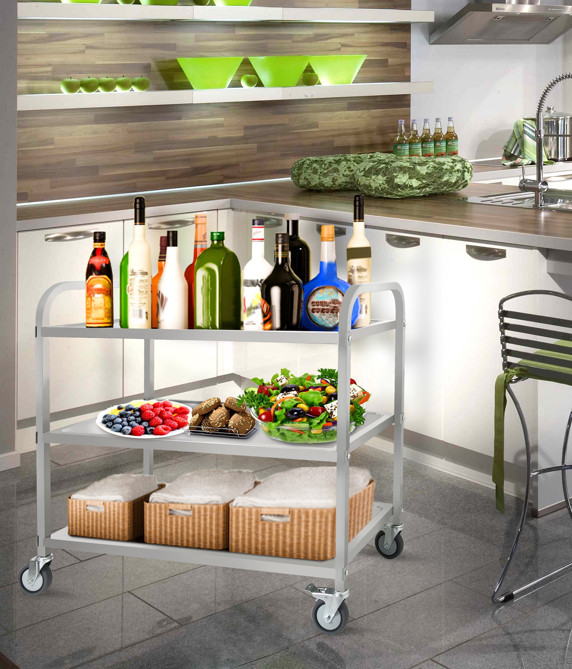 3 Tier Stainless Steel Cart, Serving Cart With Wheels, Restaurant, Household, Service Trolley, 360 Rotation Storage Cart With Locking Wheels 37.4 * 19.2 * 36.6'' L*W*H Rolling Kitchen Food Cart White Silver Stainless Steel