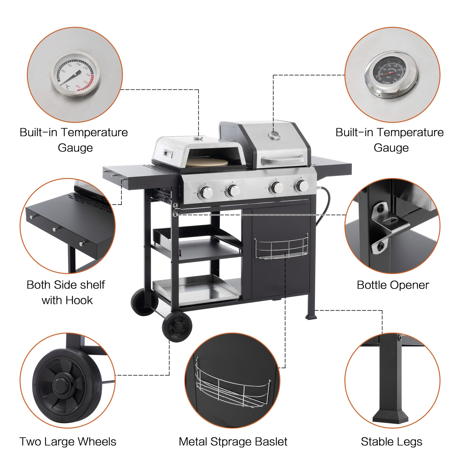 2 2 Multi Function Burner Gas Grill And Griddle Combo With Cover For Outdoor Cooking While Camping Or Tailgating Bbq,Frying,Pizza. Black And Silver Stainless Steel