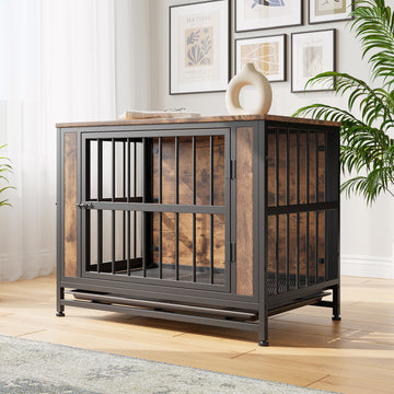 Dog Crate Furniture, Wooden Dog Crate Table, 32.8" Dog Kennel With 2 Sliding Doors And Thick Iron Door Frame, Decorative Pet Crate House For Medium Small Dog Indoor Use Rustic Brown Black Brown Medium 26 40 Lbs Mdf Metal