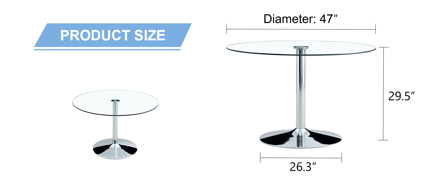 A Glass Tabletop With A Diameter Of 47 Inches And A Modern Minimalist Circular Dining Table With Electroplated Silver Metal Legs. Suitable For Restaurants, Living Rooms, And Conference Rooms.Dt 1166