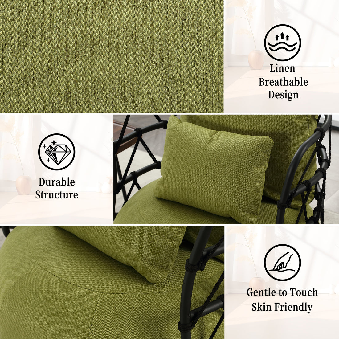 Coolmore Upholstered Tufted Living Room Chair Textured Linen Fabric Accent Chair With Metal Stand Olive Primary Living Space Foam Linen