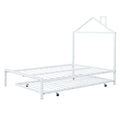 Full Size Metal Platform Bed With Twin Size Trundle,House Shaped Headboard Design, White Full White Metal