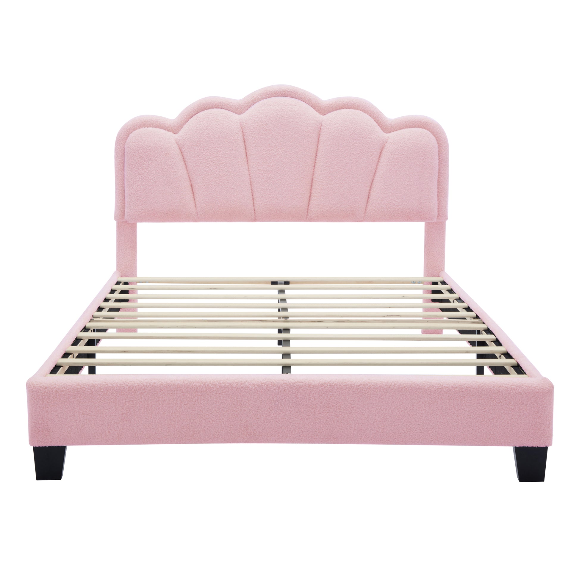 Full Size Upholstered Flower Shape Bed, Elegant Flowers Headboard With Led Light Strip ,Sherpa Fabric Platform Bed With Wooden Slats Support, Pink Full Pink Wood