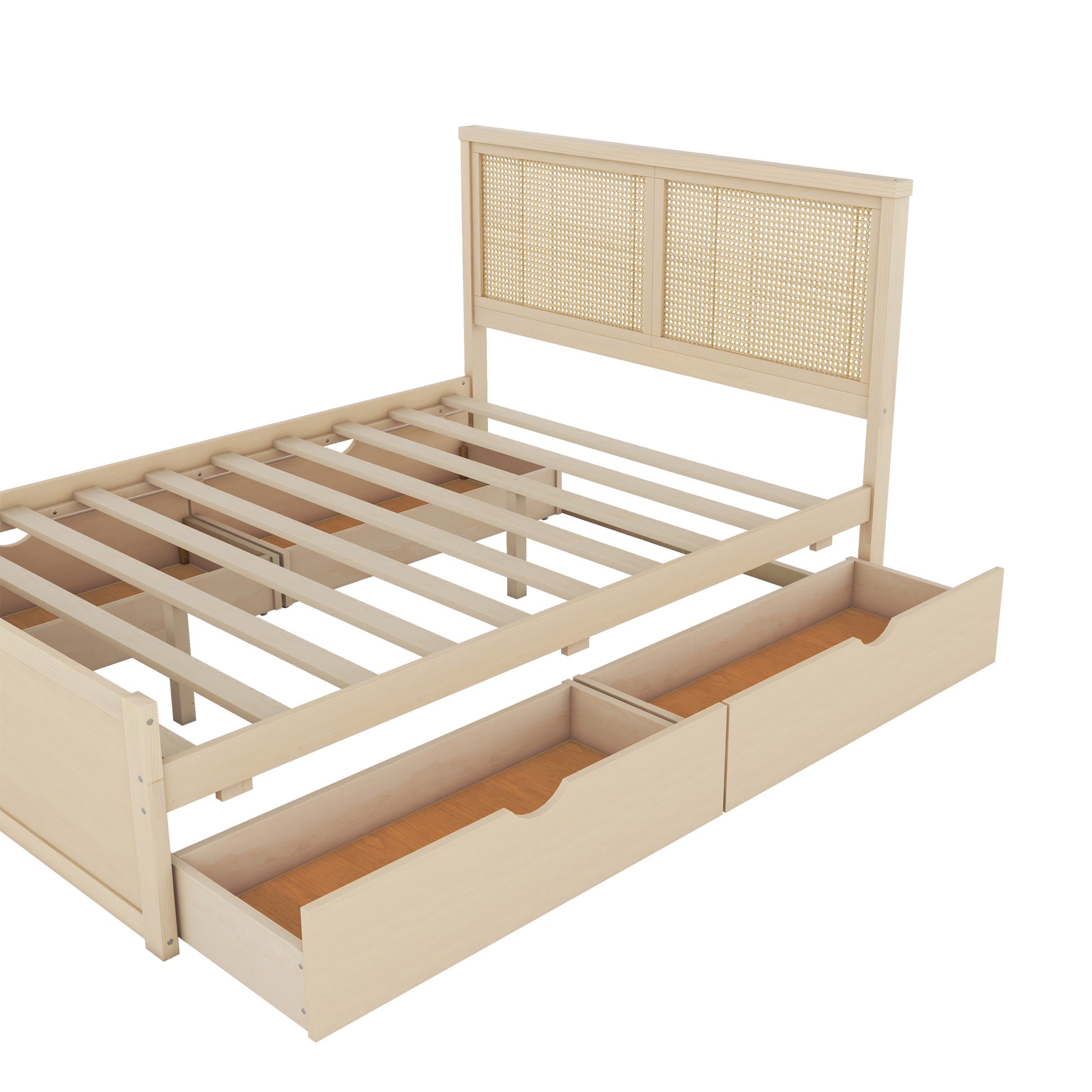 Queen Size Wood Storage Platform Bed With 4 Drawers, Rattan Headboard, Nature Box Spring Not Required Queen Antique Natural Wood Bedroom Bed Frame Wood Rattan