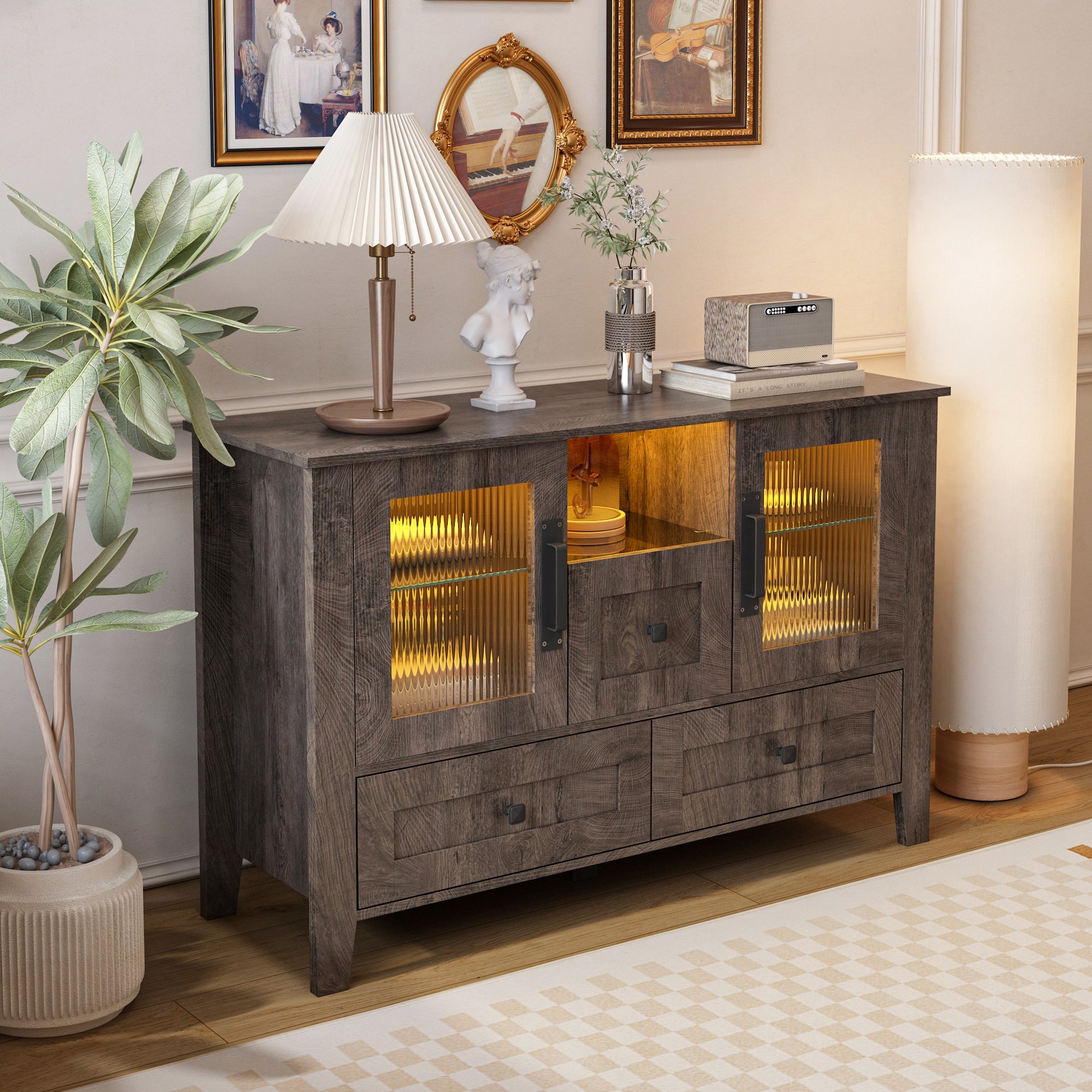 Drawerdresser Cabinet,Barcabinet,Buffetsideboard,Storagecabinet,Buffet Server Console Tablestorge,Changhong Glass Door,Toughened Glass Shelf,Fordining Room,Living Room,Kitchenhallway,Color:Gray 5 Or More Spaces Gray Primary Living Space Built In Lighting