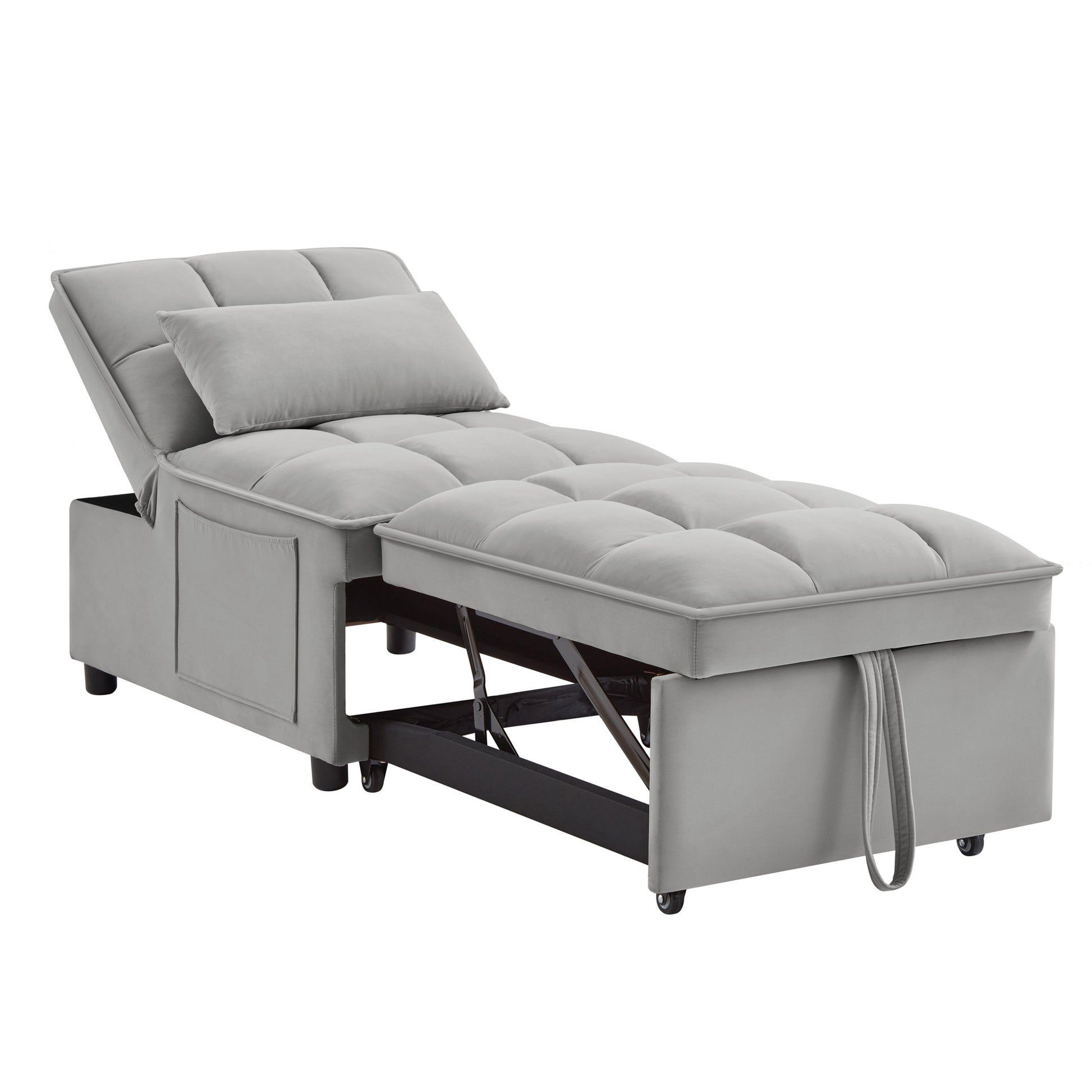 4 In1 Multi Function Single Sofa Bed With Storage Pockets,Tufted Single Pull Out Sofa Bed With Adjustable Backrest And Pillows ,Convertible Chaise Lounge,Gray Gray Velvet Metal Primary Living Space American Design Armless Foam Velvet 1 Seat