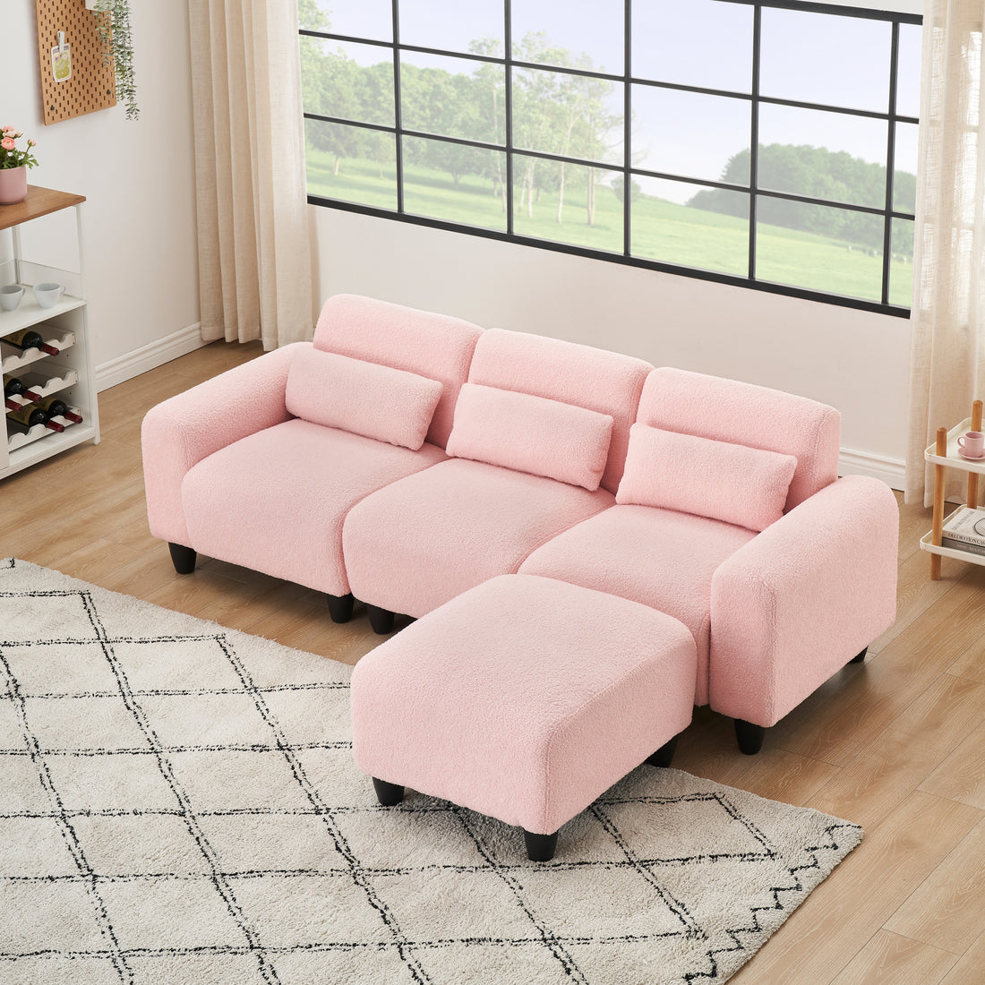 The 84.6 Inch Pink Teddy Fleece Creative Sofa Can Be Assembled Into A Two Seater Sofa Plus A Single Couch With Three Waist Pillows To Perfectly Stretch Your Waist For Small Apartment Bedroom Spaces Pink Polyester Blend 4 Seat