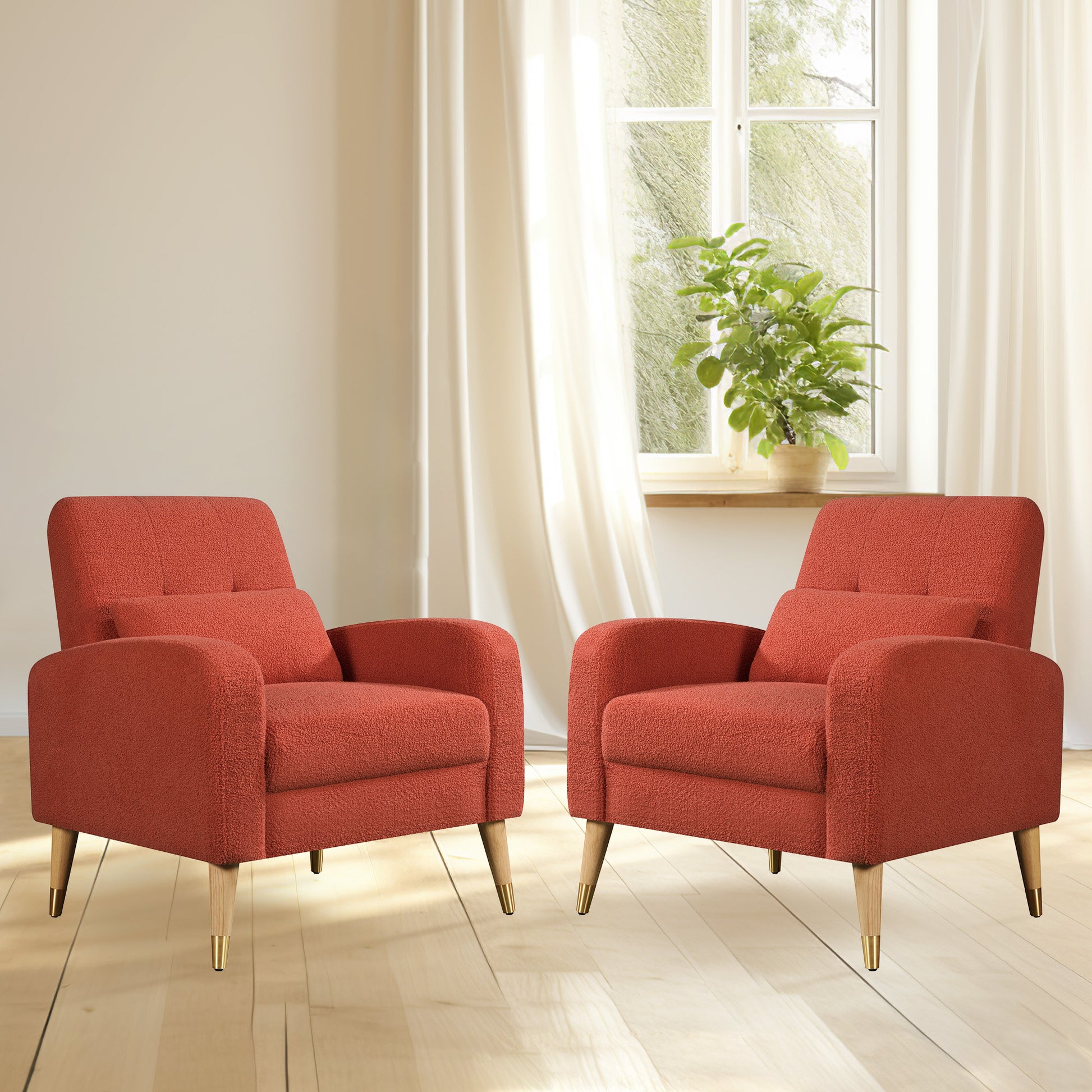 Mid Century Modern Accent Chair, Upholstered Armchair Living Room Chair, Comfy Single Sofa Chair With Metal Legs, Polyester Fabric Chair For Living Room Bedroom Red Sherpa