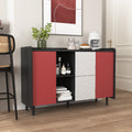 Sideboard Buffet Cabinet, Black Storage Cabinet With Red Doors2 Drawers With Unique Panel Styling And 2 Open Storage Compartment, Modern Coffee Bar Cabinet Accent Cabinet For Kitchen, Dining Room Black Red Mdf