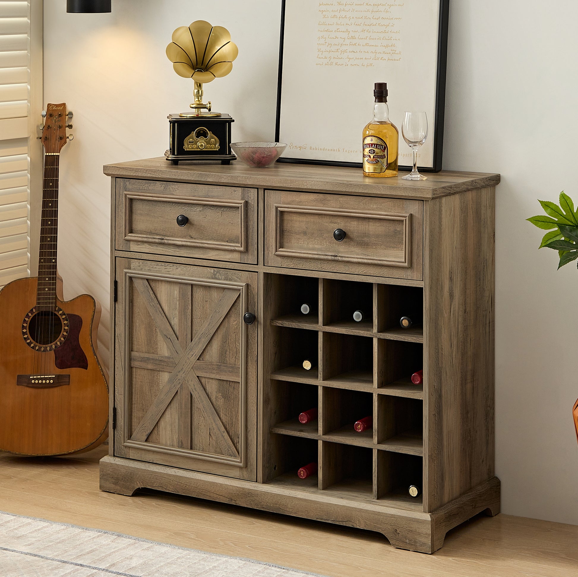 Farmhouse Liquor Cabinet Bar Cabinet With 2 Drawers, Wine Bar Cabinet With Removable Wine Racks Storage Shelves, Cupboard For Kitchen, Dining Room, Gray Wash L39.37''*W15.7"*H34.65" Gray Wash Mdf