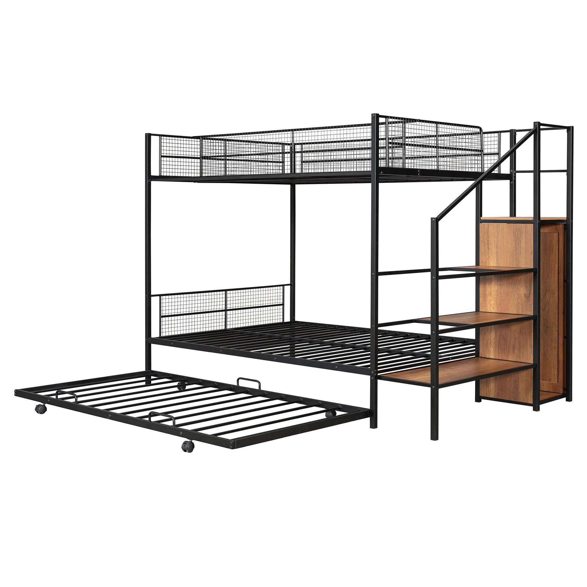 Twin Over Full Metal Bunk Bed With Trundle And Lateral Storage Ladder And Wardrobe, Black Black Metal