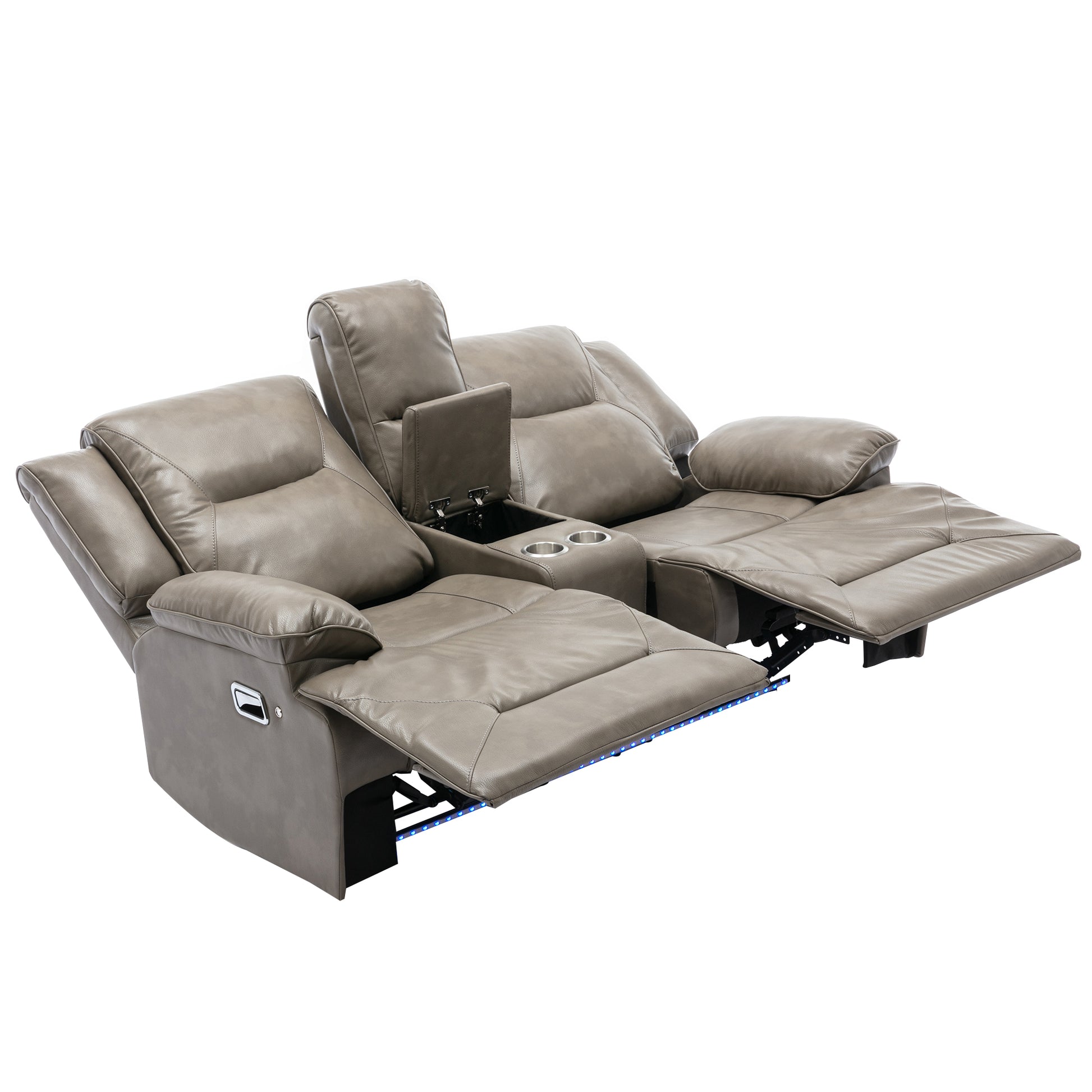 2 Seater Home Theater Recliner Manual Recliner Chair With A Led Light Strip Two Cup Holders And A Storage Box For Living Room,Bedroom, Grey Grey Foam Pu