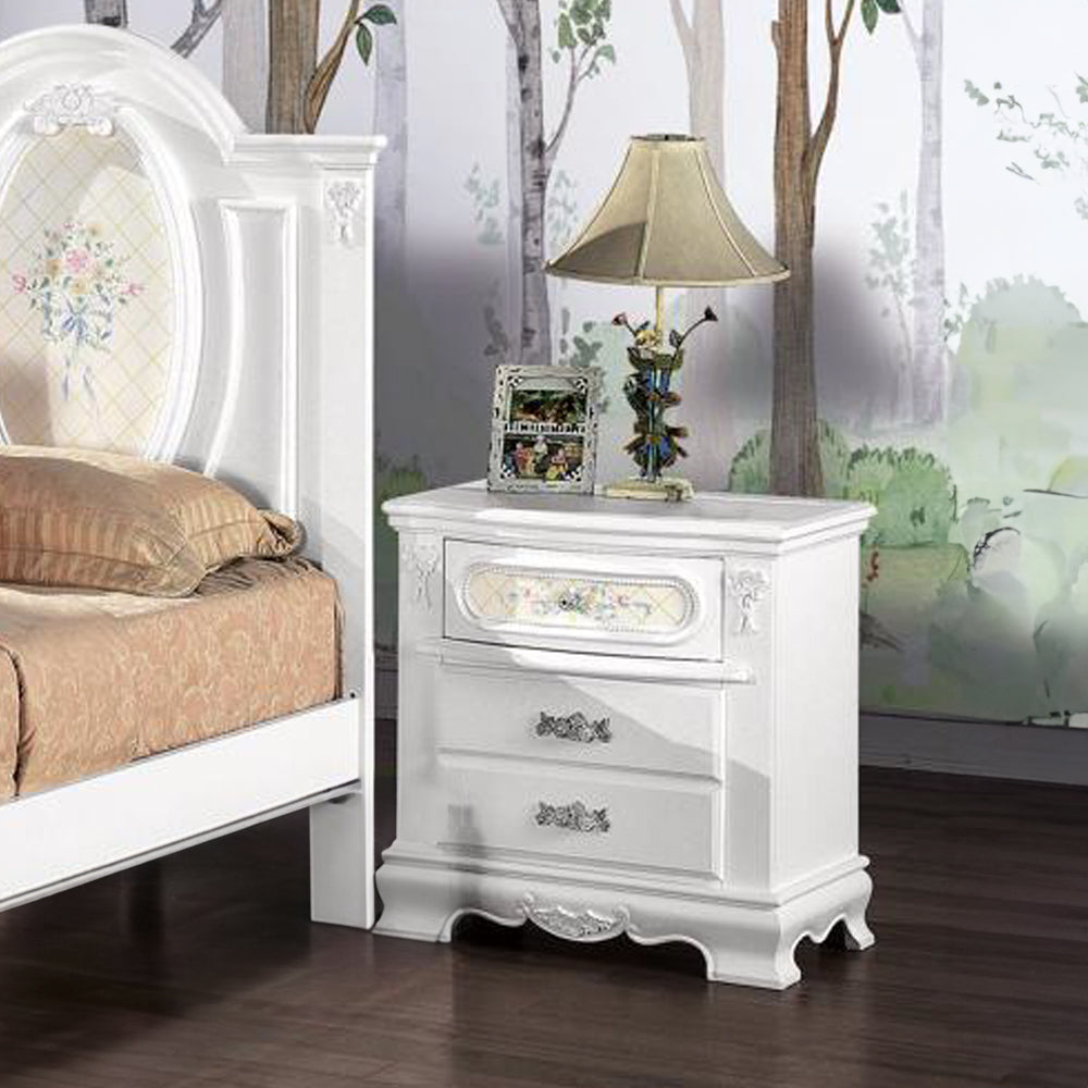 White 2 Drawer Nightstand With Floral Motifs White 3 Drawers Bedroom Rectangle Felt Lined Drawers White Wood